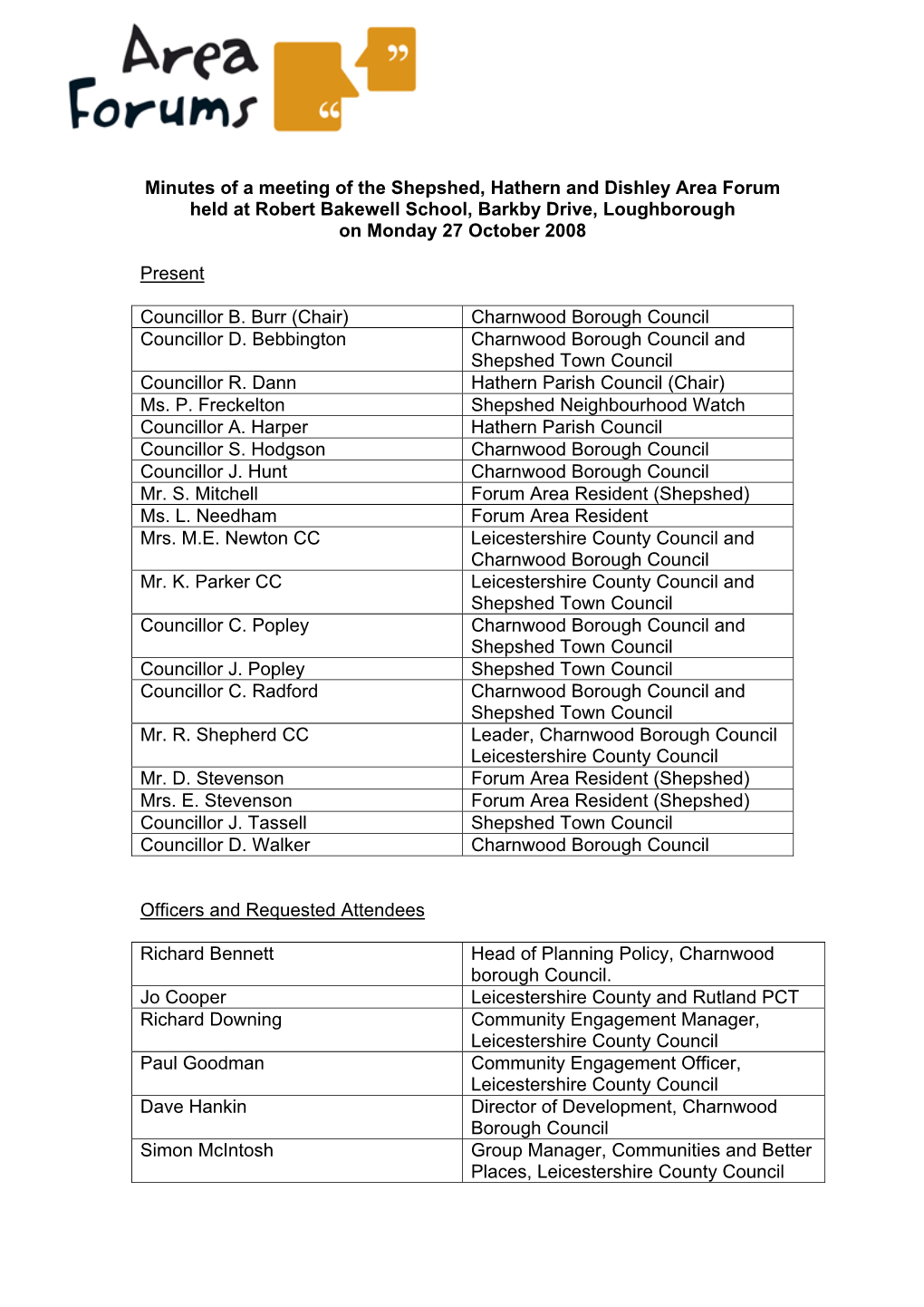 Minutes of a Meeting of the Shepshed, Dishley and Hathern