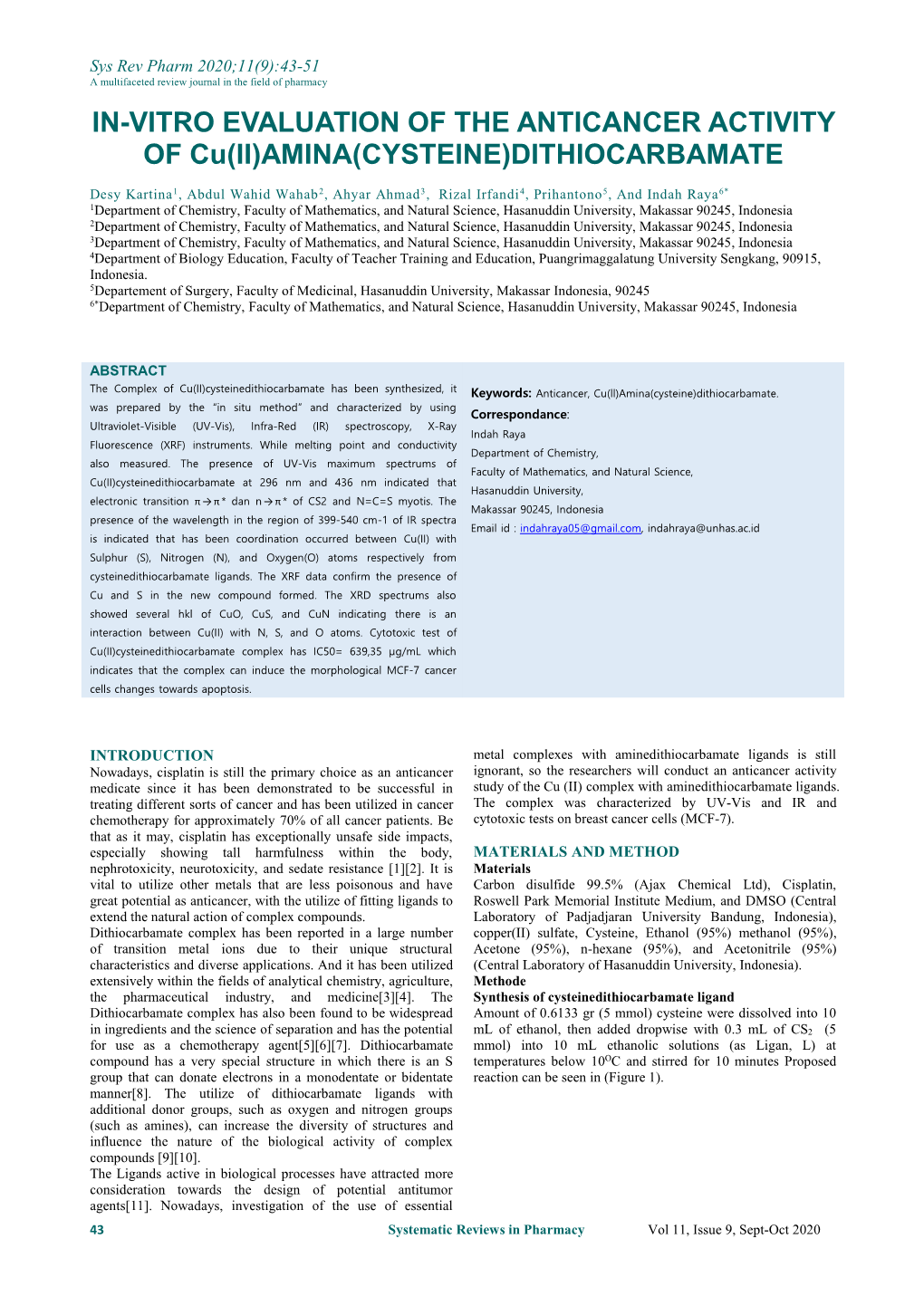 IN-VITRO EVALUATION of the ANTICANCER ACTIVITY of Cu(II)AMINA(CYSTEINE)DITHIOCARBAMATE