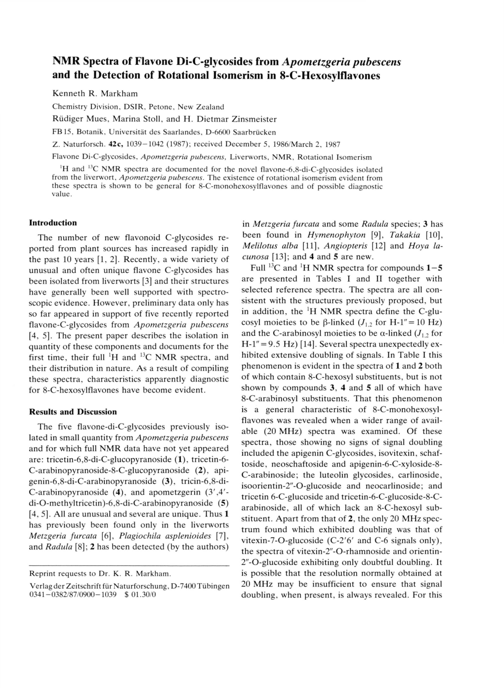 NMR Spectra of Flavone Di-C-Glycosides from Apometzgeria Pubescens and the Detection of Rotational Isomerism in 8-C-Hexosyiflavones