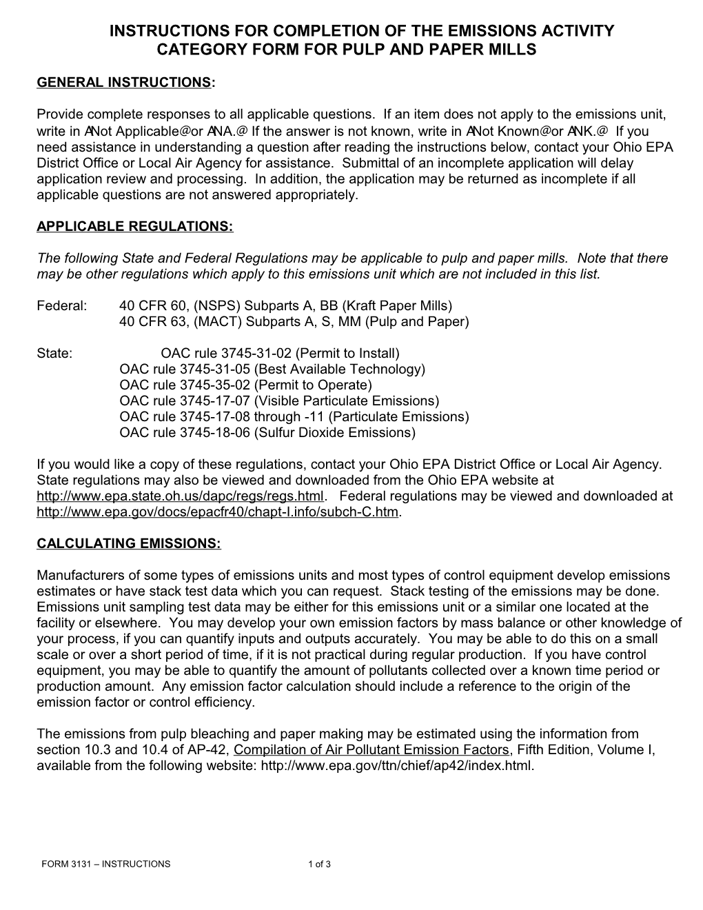 Instructions for Completion of the Emissions Activity Category Form for Pulp and Paper Mills