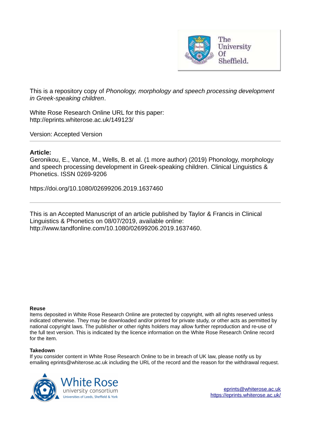 Phonology, Morphology and Speech Processing Development in Greek-Speaking Children