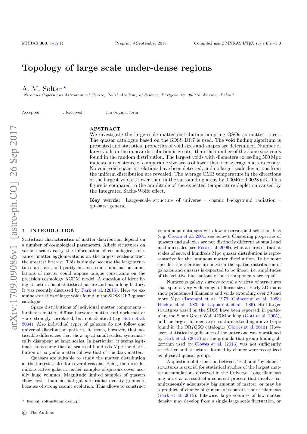 Topology of Large Scale Under-Dense Regions