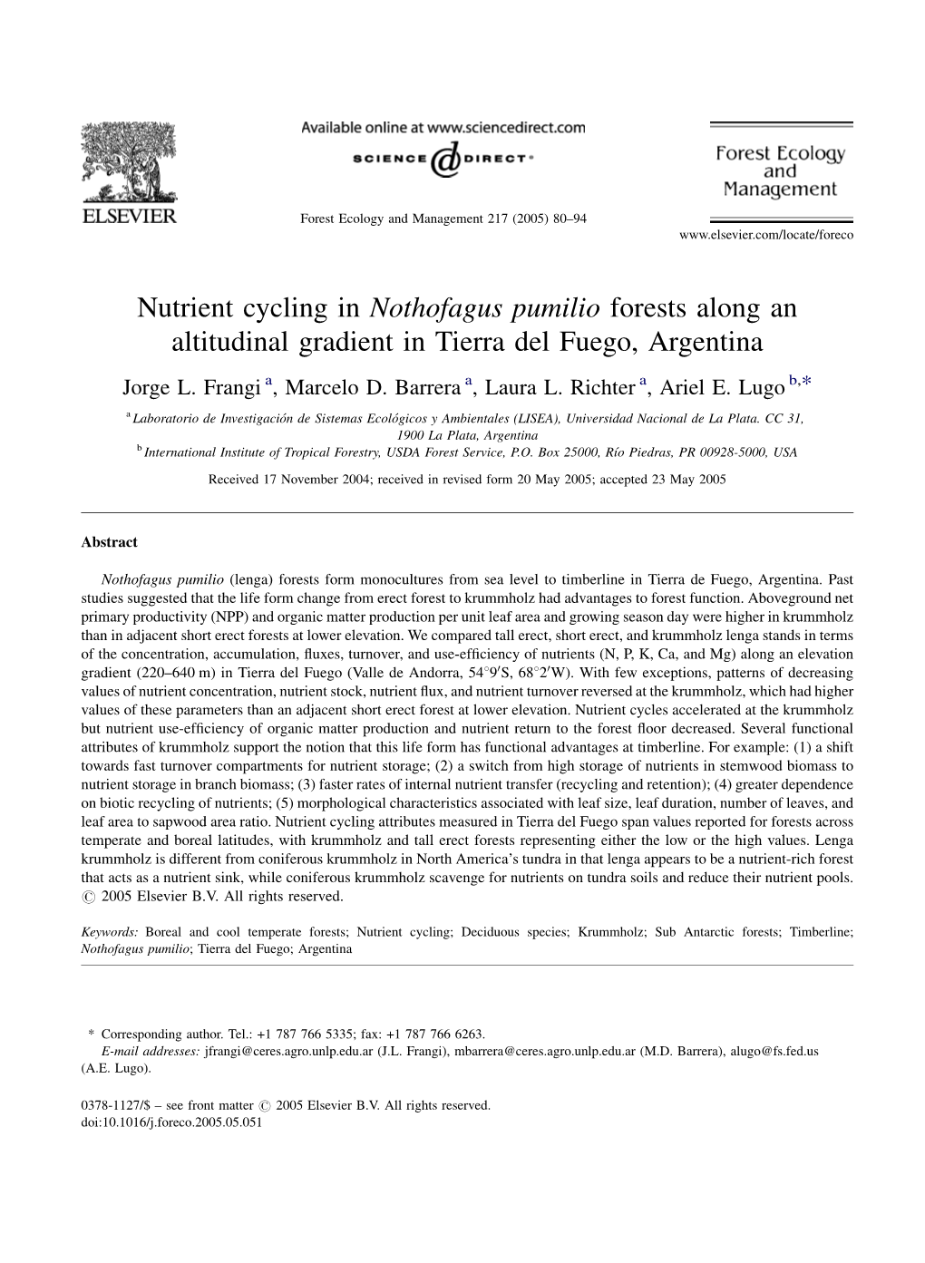 Nutrient Cycling in Nothofagus Pumilio Forests Along an Altitudinal Gradient in Tierra Del Fuego, Argentina Jorge L