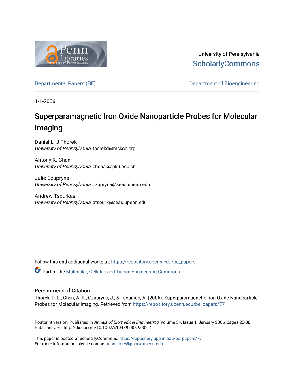 Superparamagnetic Iron Oxide Nanoparticle Probes for Molecular Imaging