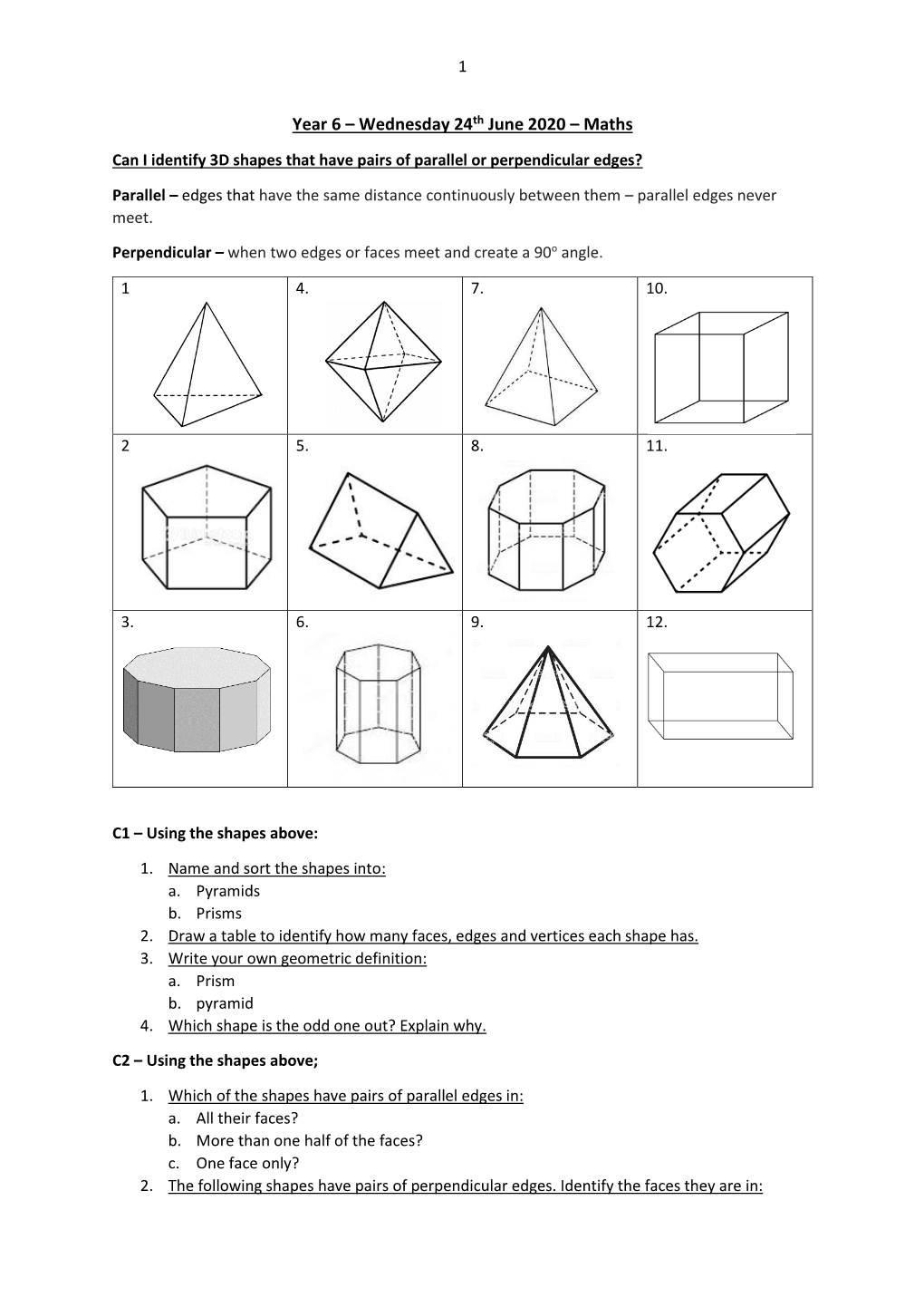 Year 6 – Wednesday 24Th June 2020 – Maths