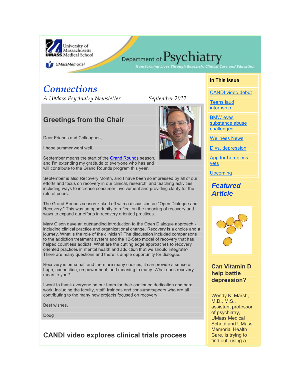 Connections CANDI Video Debut a Umass Psychiatry Newsletter September 2012