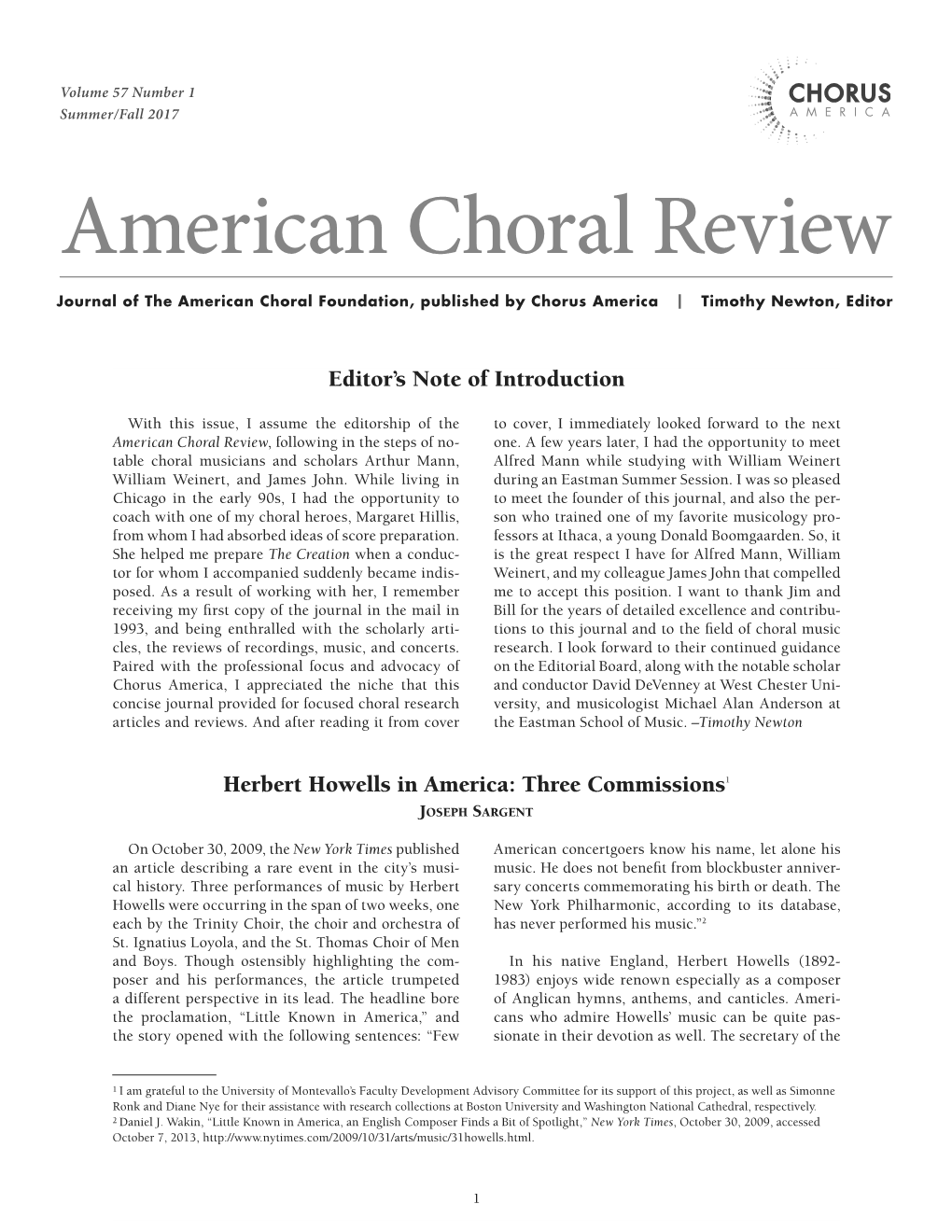 American Choral Review Journal of the American Choral Foundation, Published by Chorus America | Timothy Newton, Editor