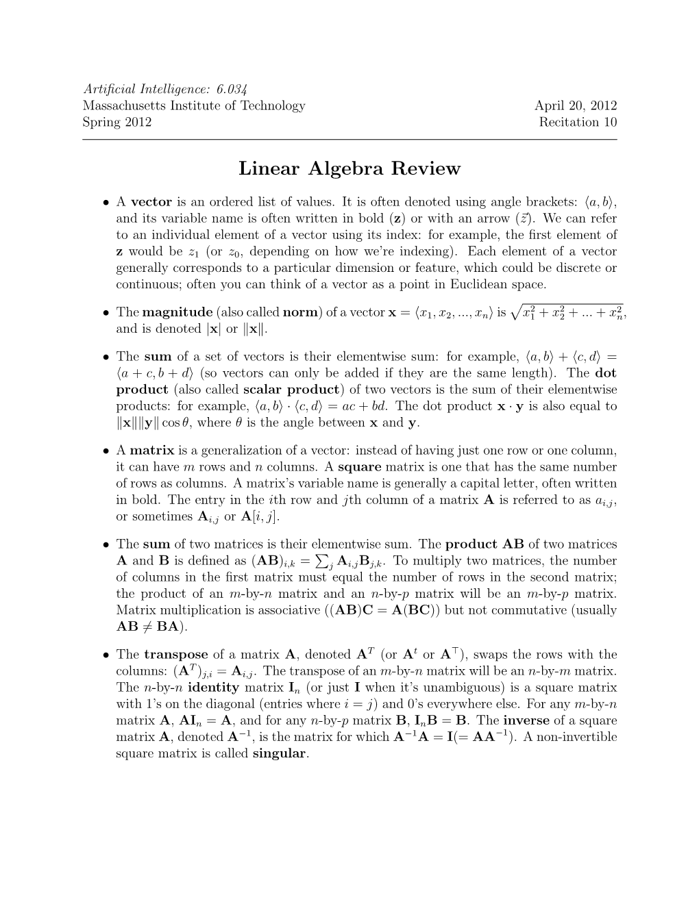 Linear Algebra Handout