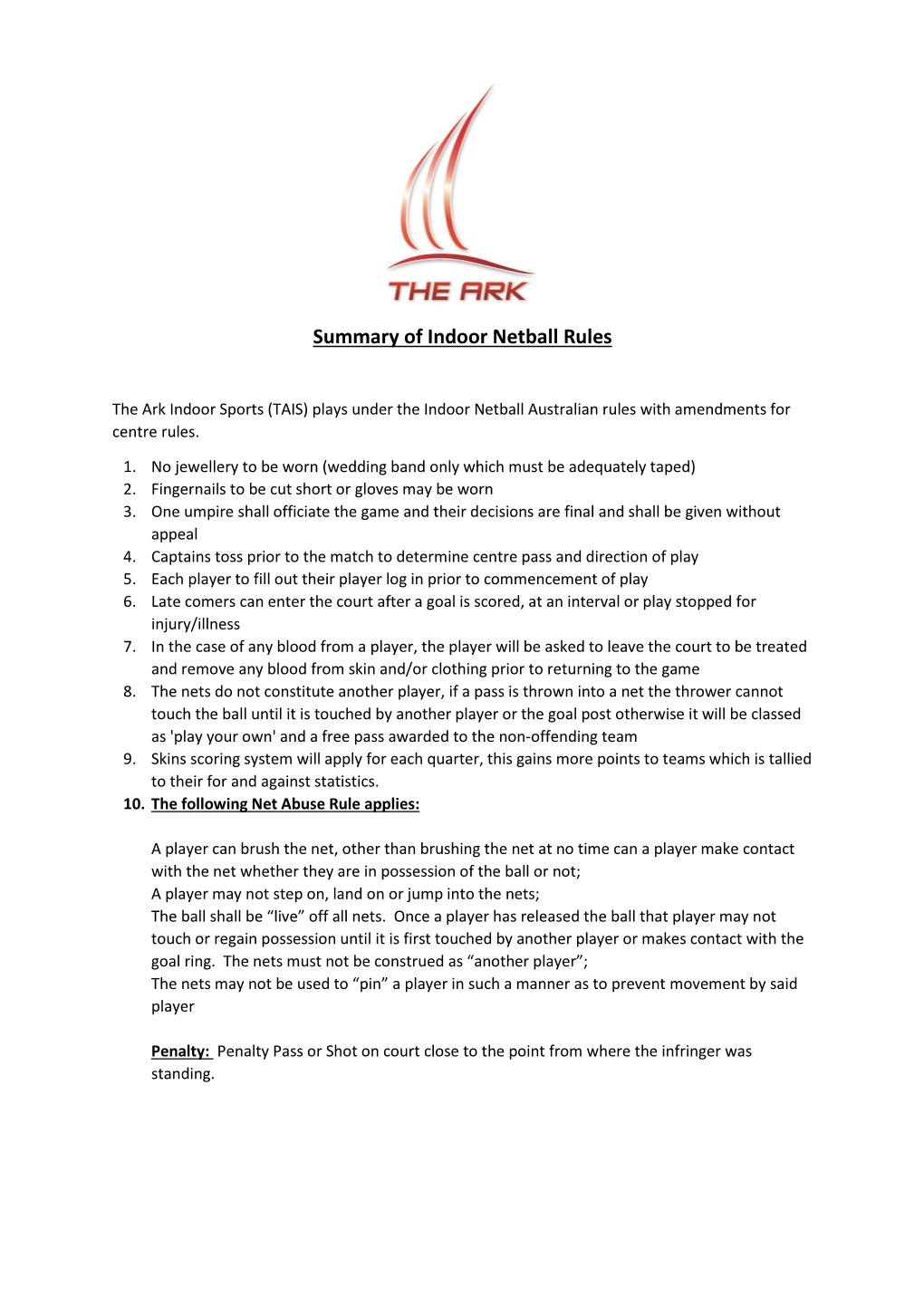 Summary of Indoor Netball Rules