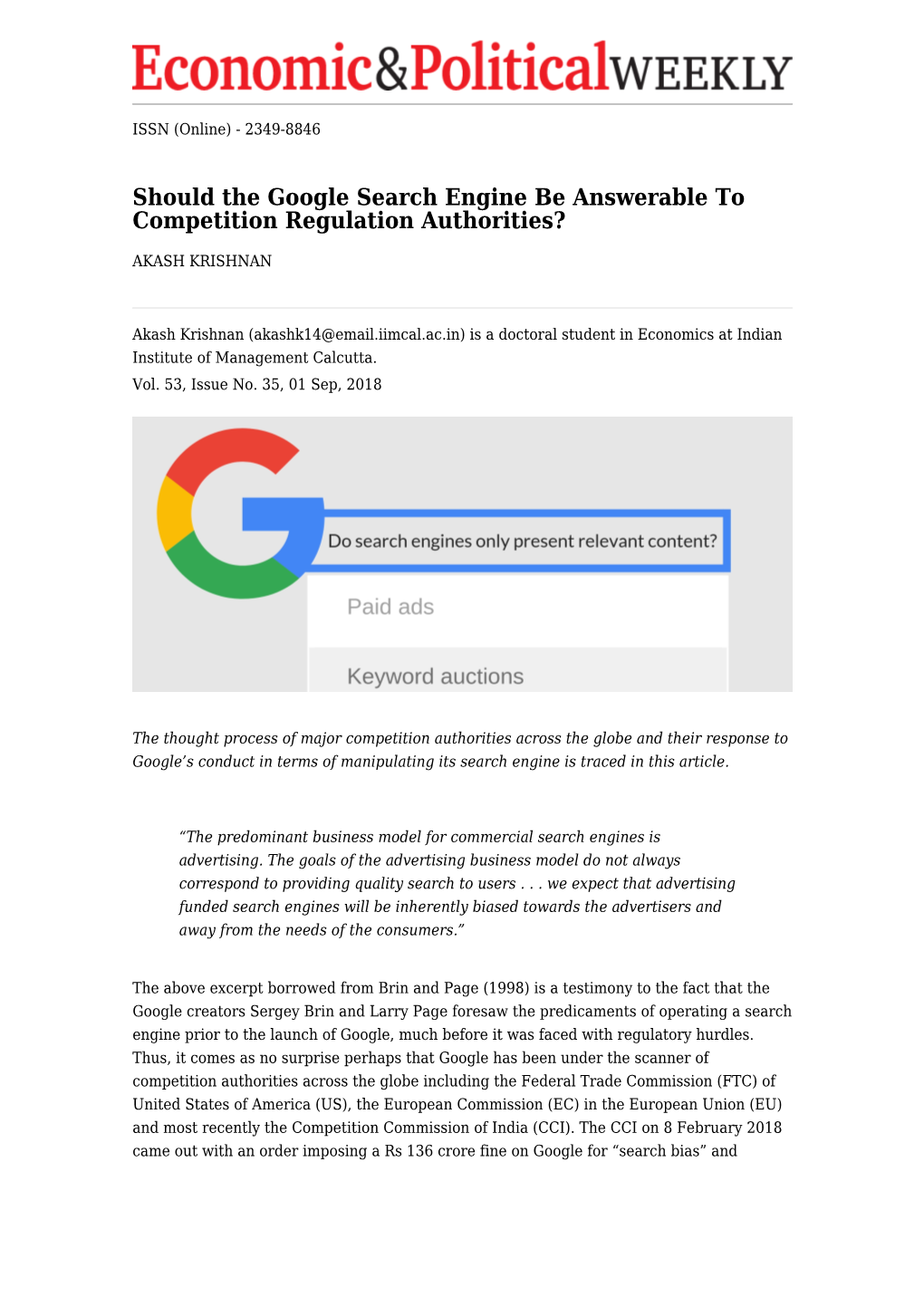 Should the Google Search Engine Be Answerable to Competition Regulation Authorities?