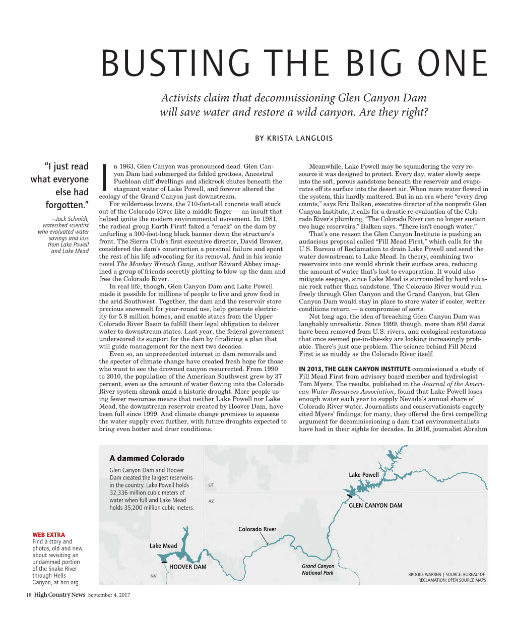 Busting the Big One Activists Claim That Decommissioning Glen Canyon Dam Will Save Water and Restore a Wild Canyon