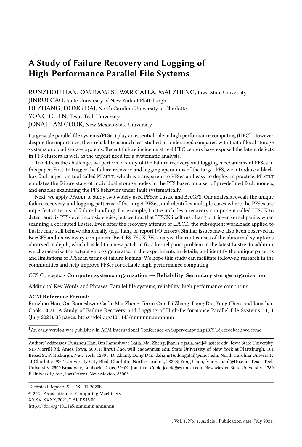 A Study of Failure Recovery and Logging of High-Performance Parallel File Systems