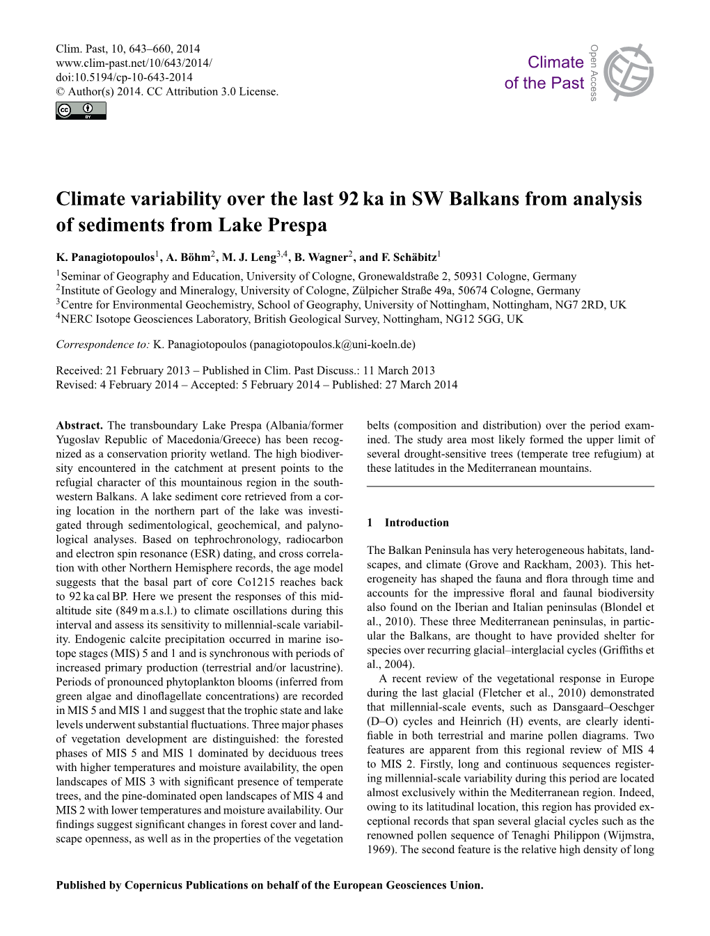 Climate Variability Over the Last 92 Ka in SW Balkans from Analysis of Sediments from Lake Prespa