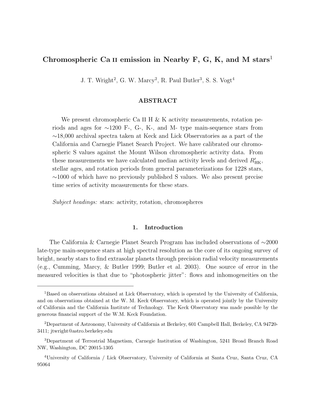 Chromospheric Ca II Emission in Nearby F, G, K, and M Stars1