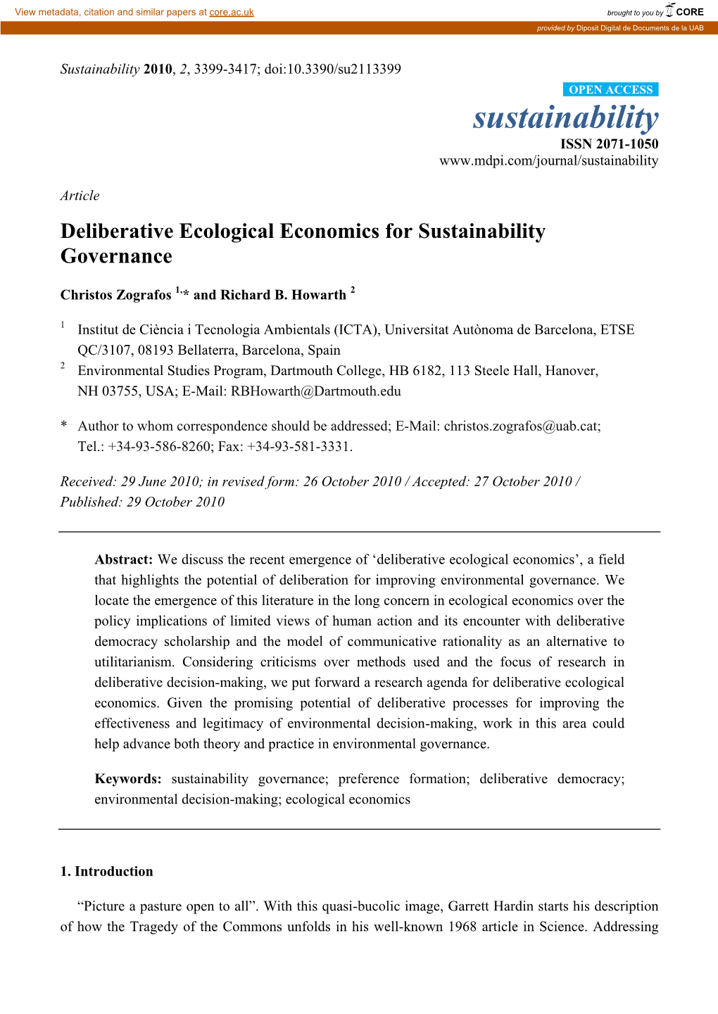 Deliberative Ecological Economics for Sustainability Governance