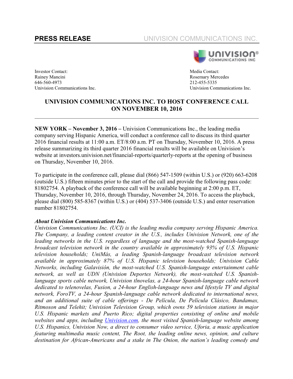 Press Release Univision Communications Inc