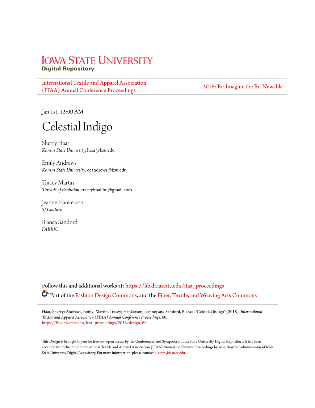 Celestial Indigo Sherry Haar Kansas State University, Haar@Ksu.Edu