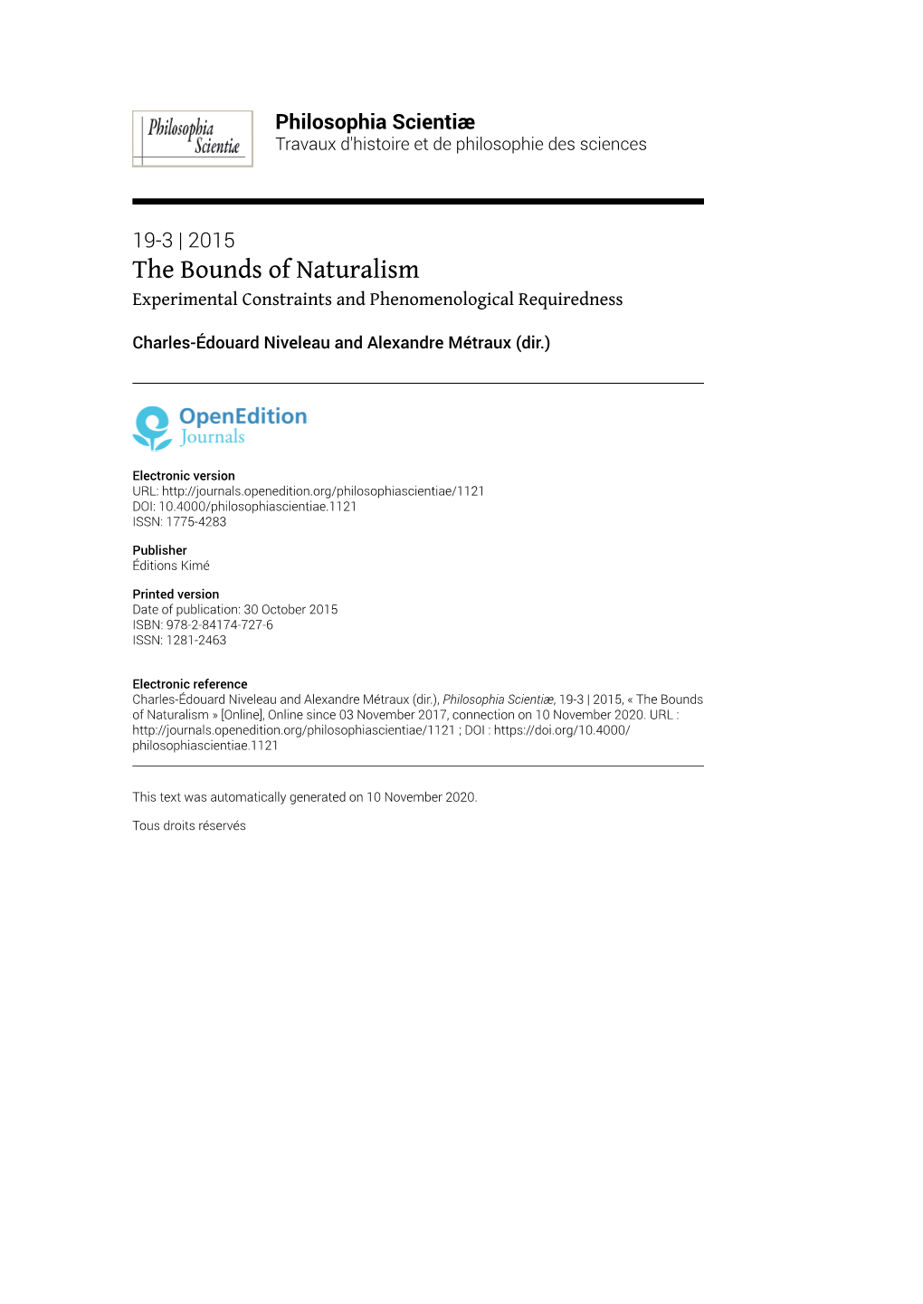 Philosophia Scientiæ, 19-3 | 2015, « the Bounds of Naturalism » [Online], Online Since 03 November 2017, Connection on 10 November 2020