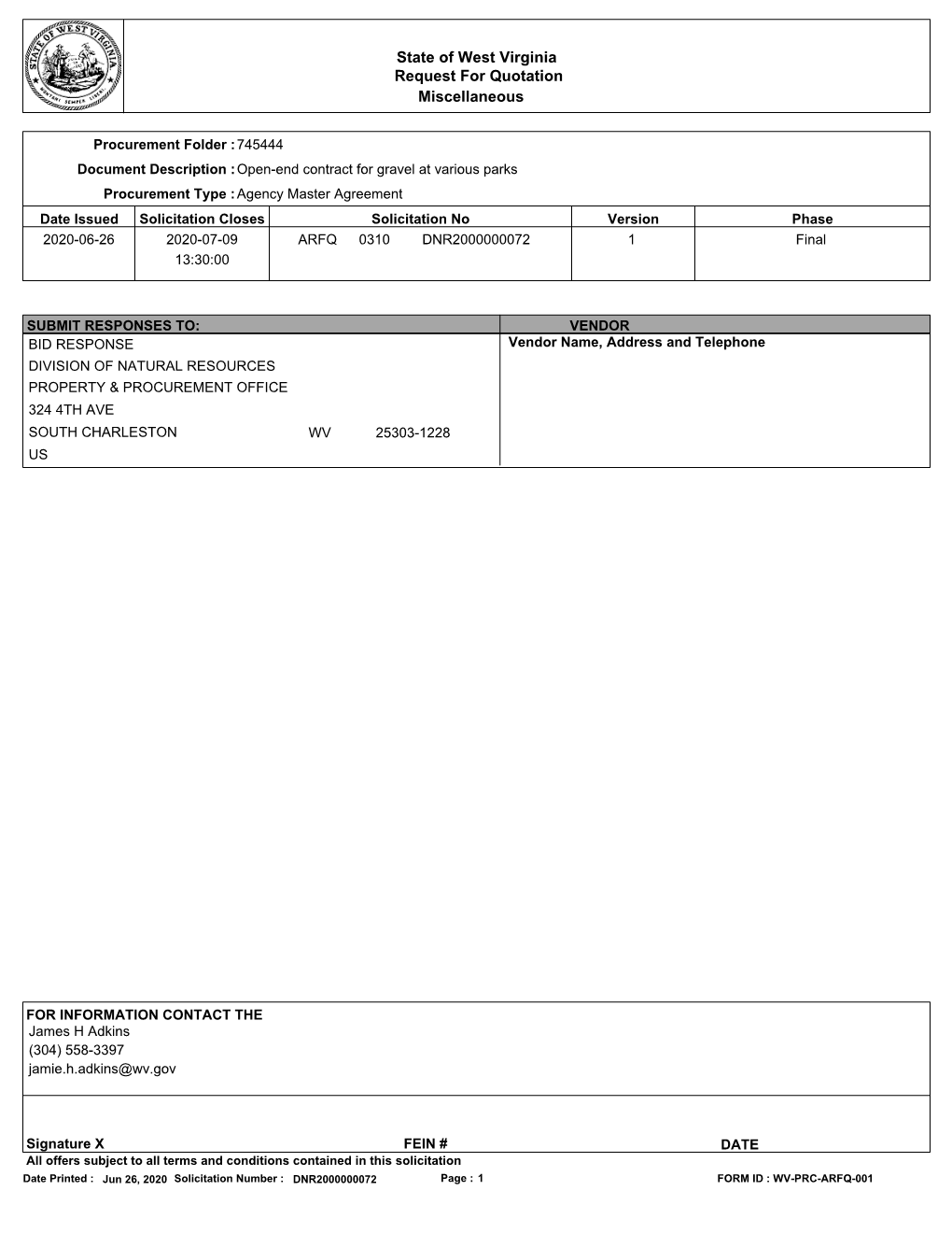 State of West Virginia Request for Quotation Miscellaneous