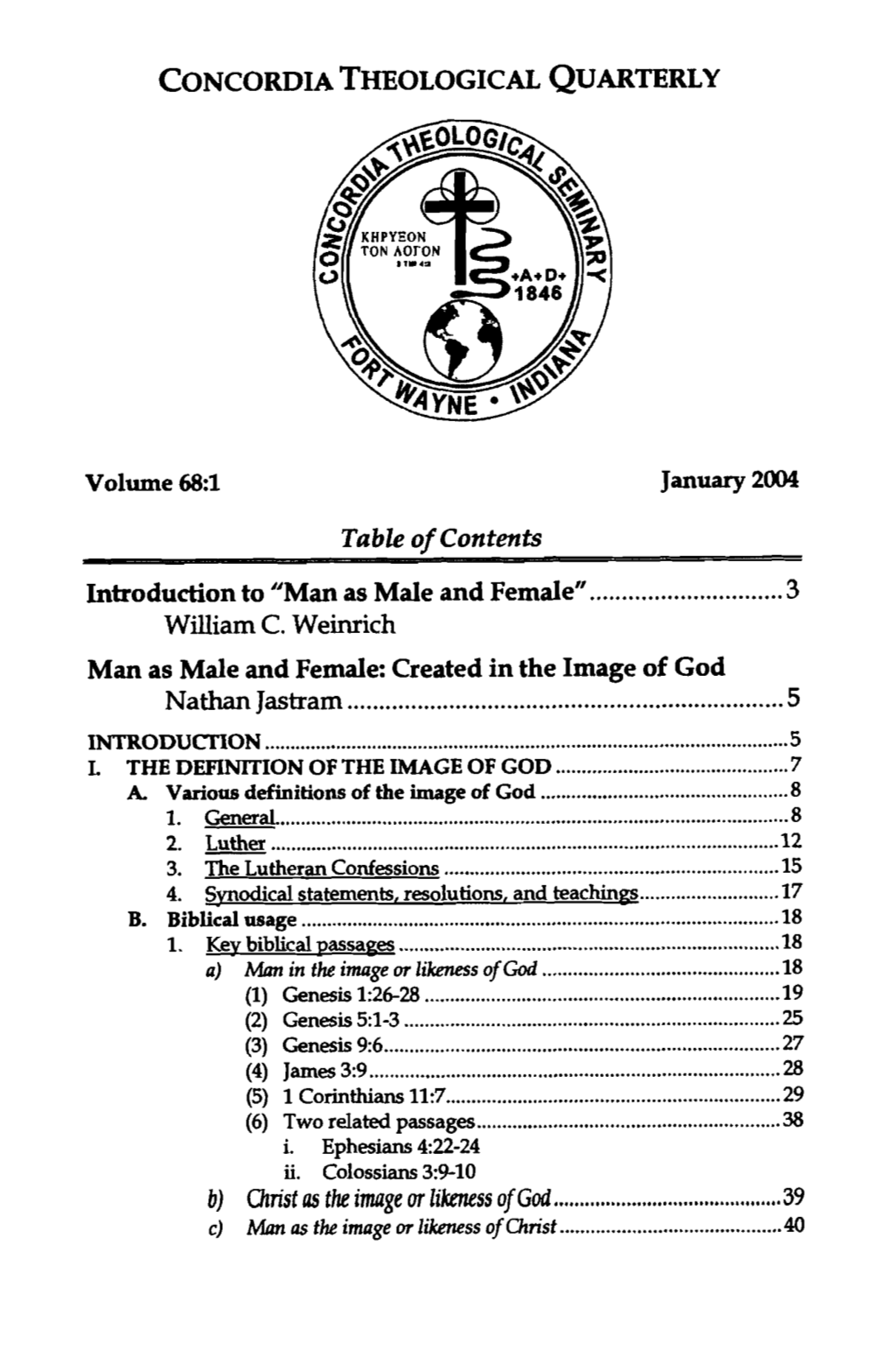 Man As Male and Female: Created in the Image of God Nathan Jastram