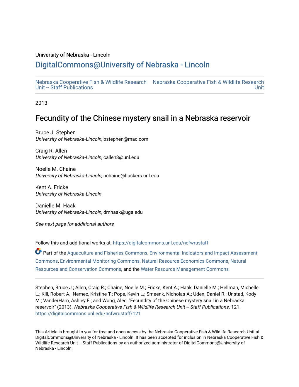 Fecundity of the Chinese Mystery Snail in a Nebraska Reservoir