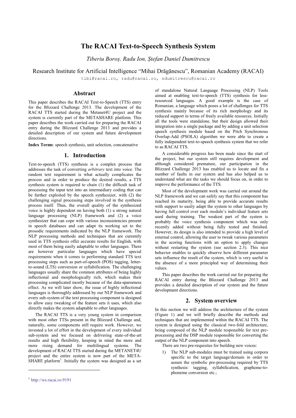 The RACAI Text-To-Speech Synthesis System