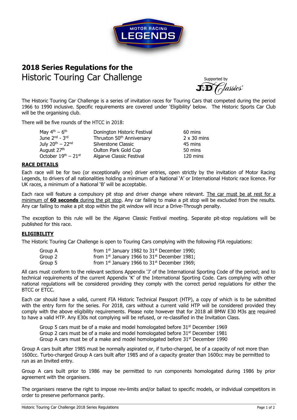 The Historic Touring Car Challenge Is a Series of Invitation Races for Touring Cars That Competed During the Period 1966 to 1990 Inclusive