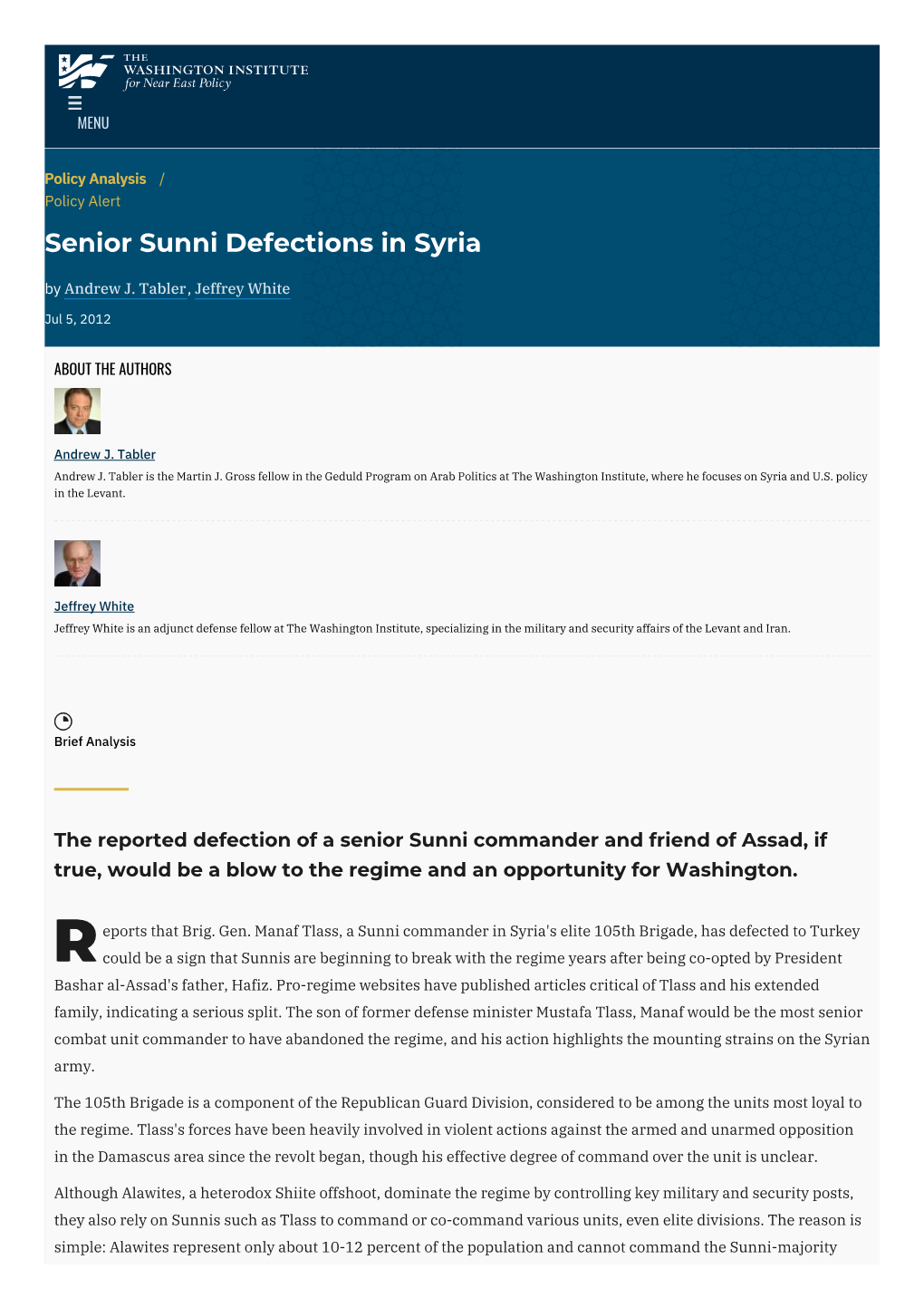 Senior Sunni Defections in Syria | the Washington Institute