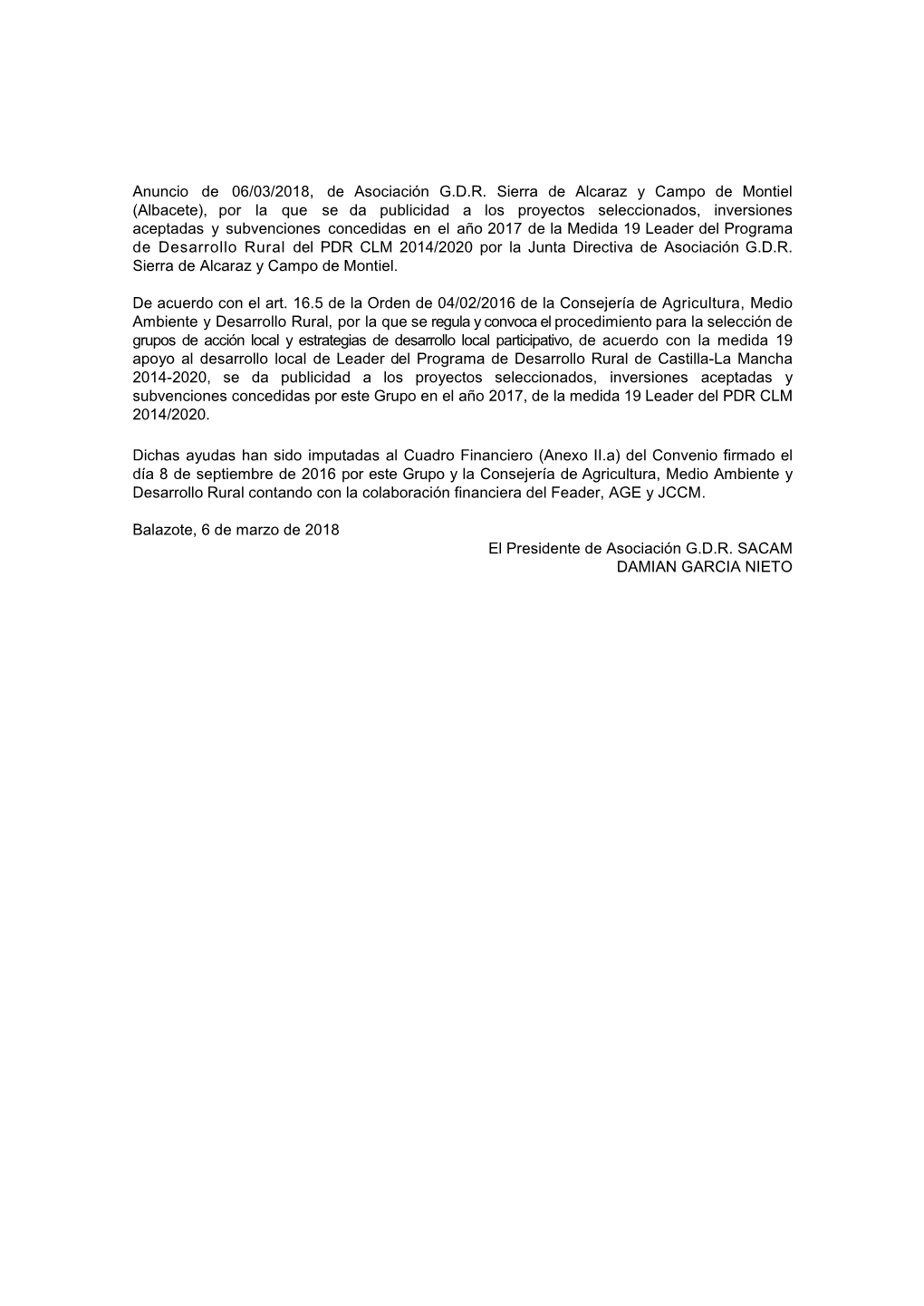 Anuncio De 06/03/2018, De Asociación G.D.R. Sierra De