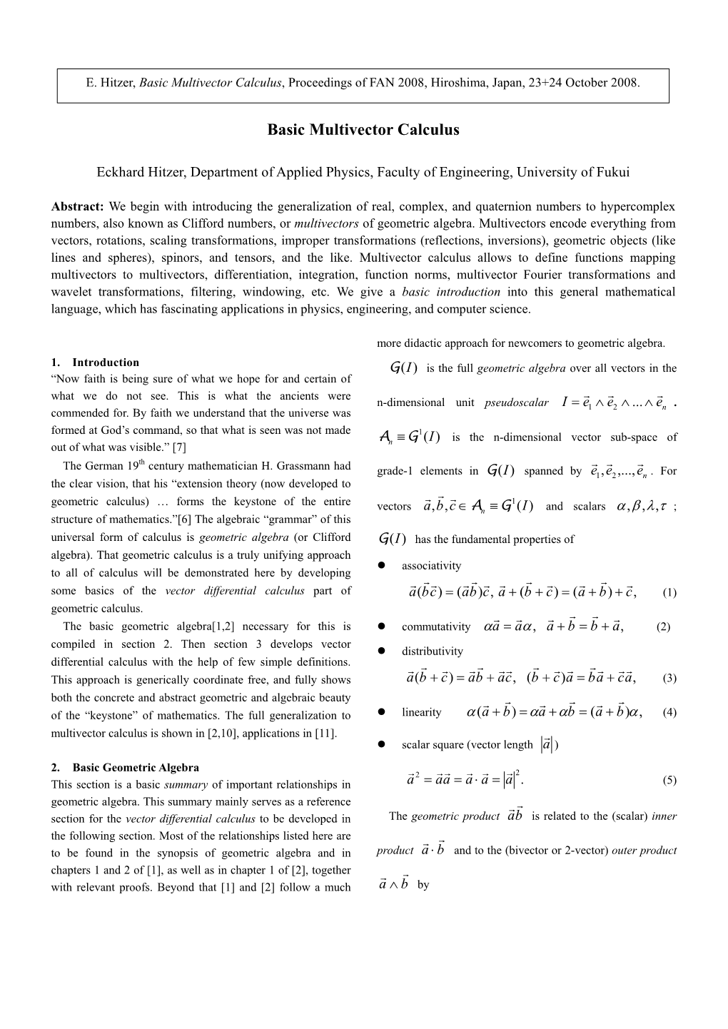 Basic Multivector Calculus, Proceedings of FAN 2008, Hiroshima, Japan, 23+24 October 2008