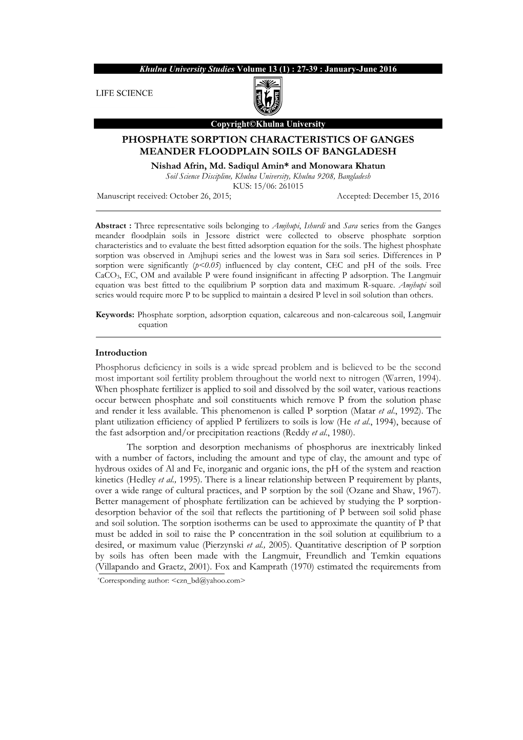 Phosphate Sorption Characteristics of Ganges Meander Floodplain Soils of Bangladesh