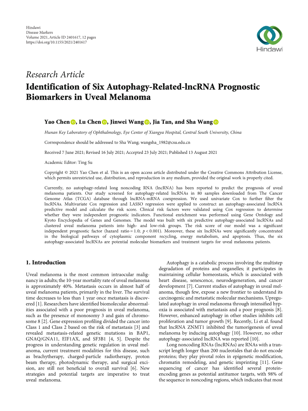 Identification of Six Autophagy-Related-Lncrna Prognostic Biomarkers in Uveal Melanoma