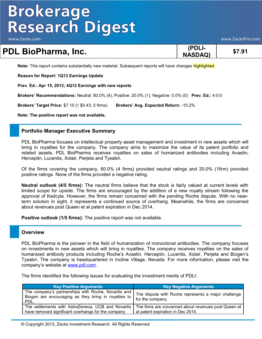 Reason for Report: 1Q13 Earnings Update s1