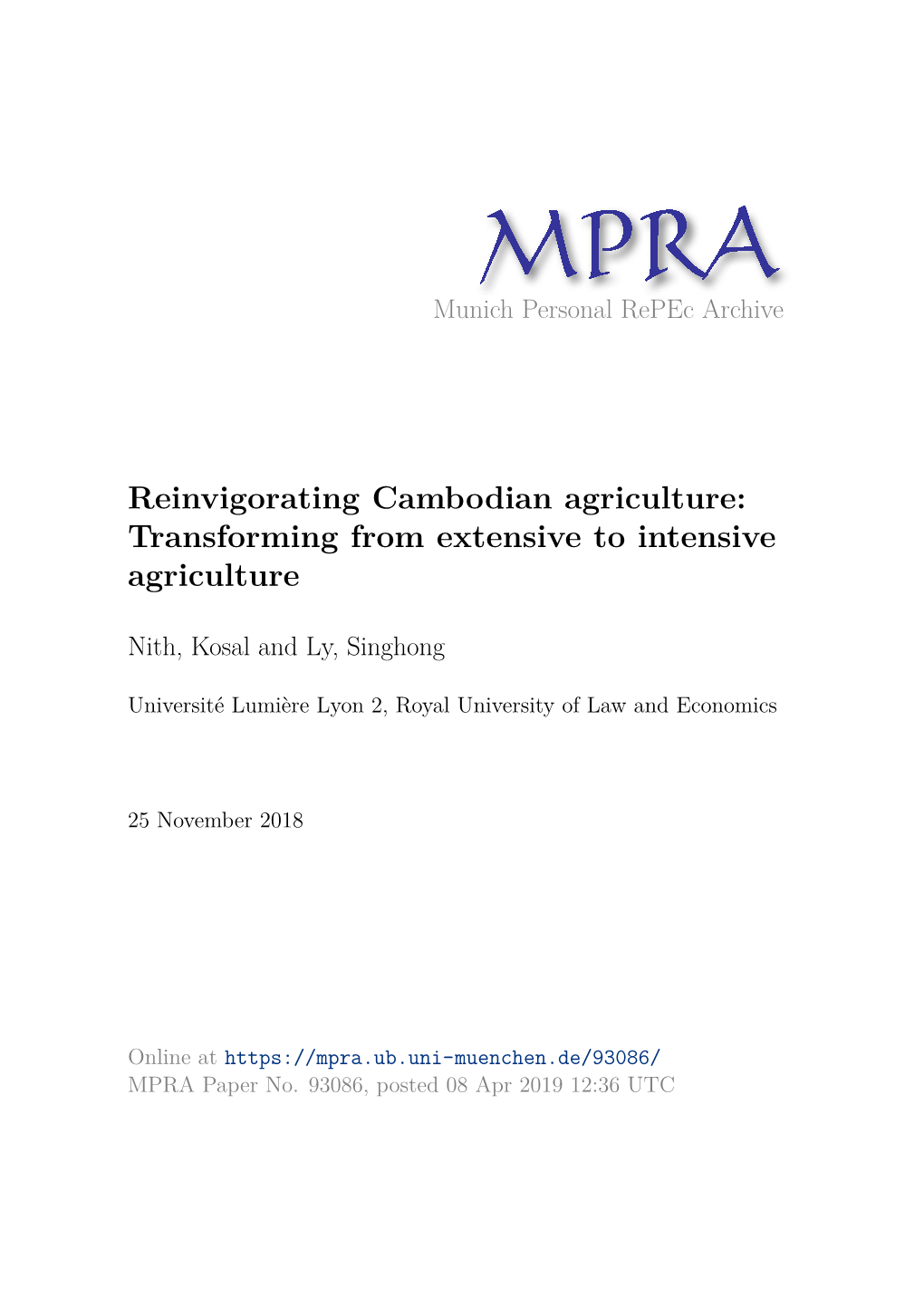 Reinvigorating Cambodian Agriculture: Transforming from Extensive to Intensive Agriculture