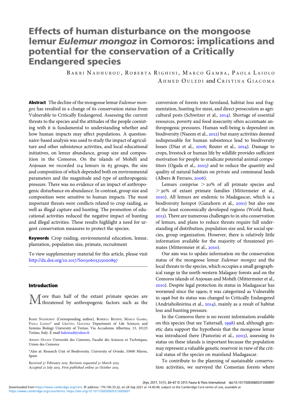 Effects of Human Disturbance on the Mongoose Lemur Eulemur Mongoz in Comoros: Implications and Potential for the Conservation of a Critically Endangered Species