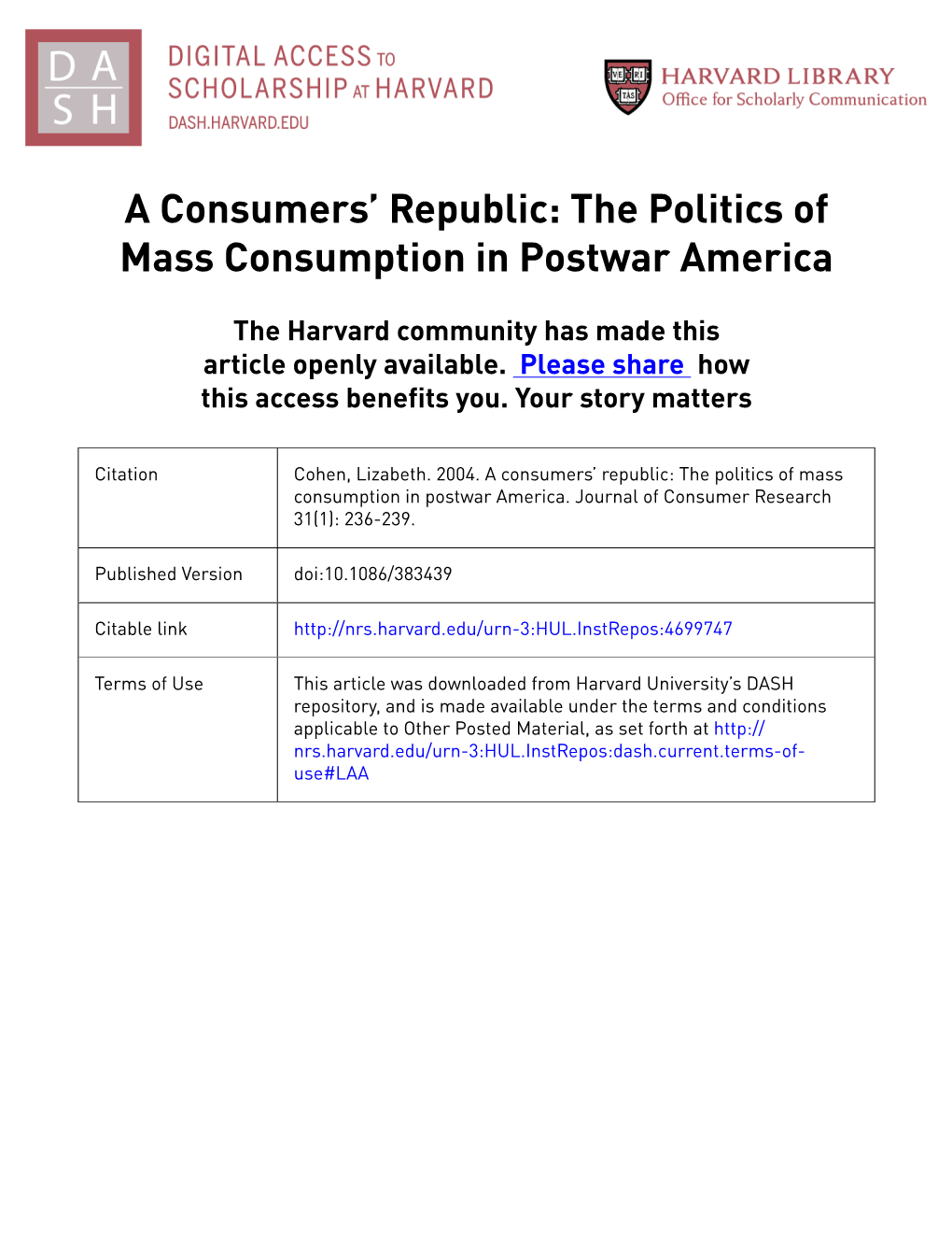 A Consumers' Republic: the Politics of Mass Consumption in Postwar