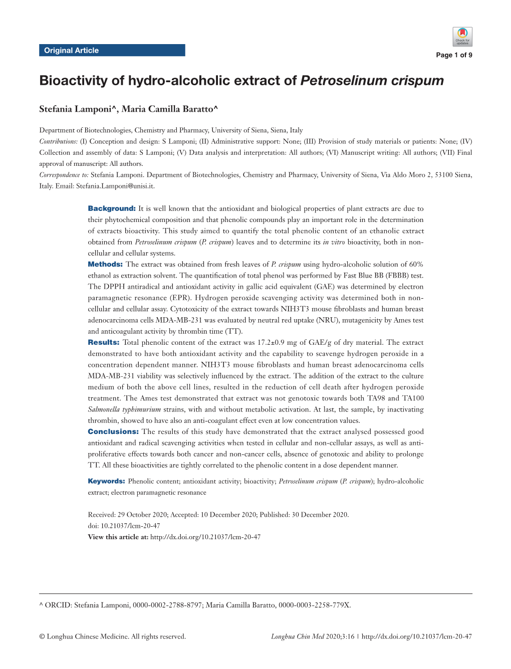 Bioactivity of Hydro-Alcoholic Extract of Petroselinum Crispum