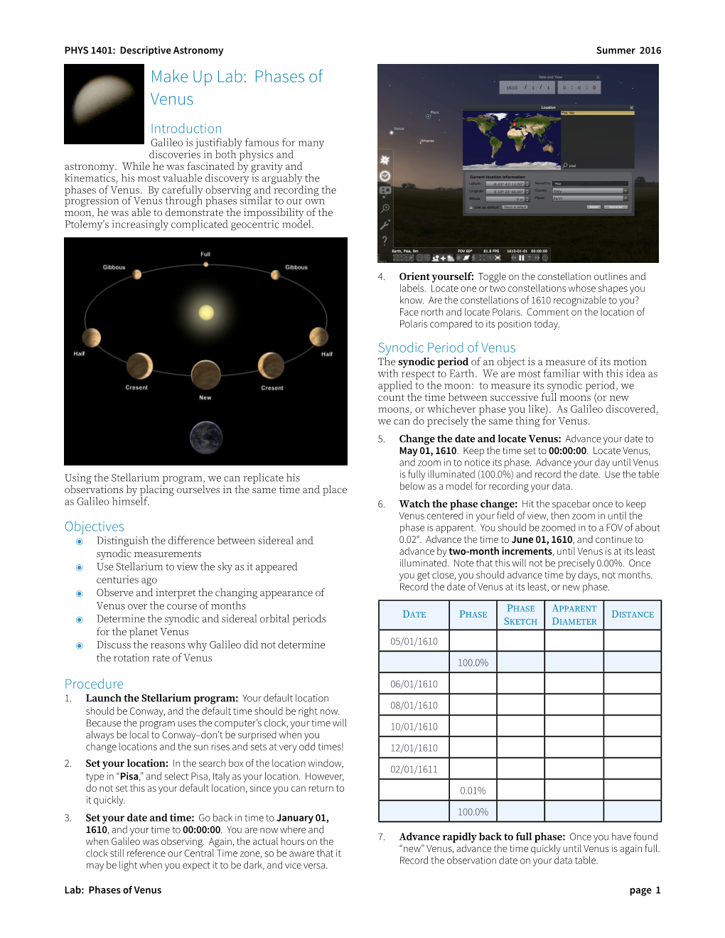 Make up Lab: Phases of Venus Introduction Galileo Is Justifiably Famous for Many Discoveries in Both Physics and Astronomy