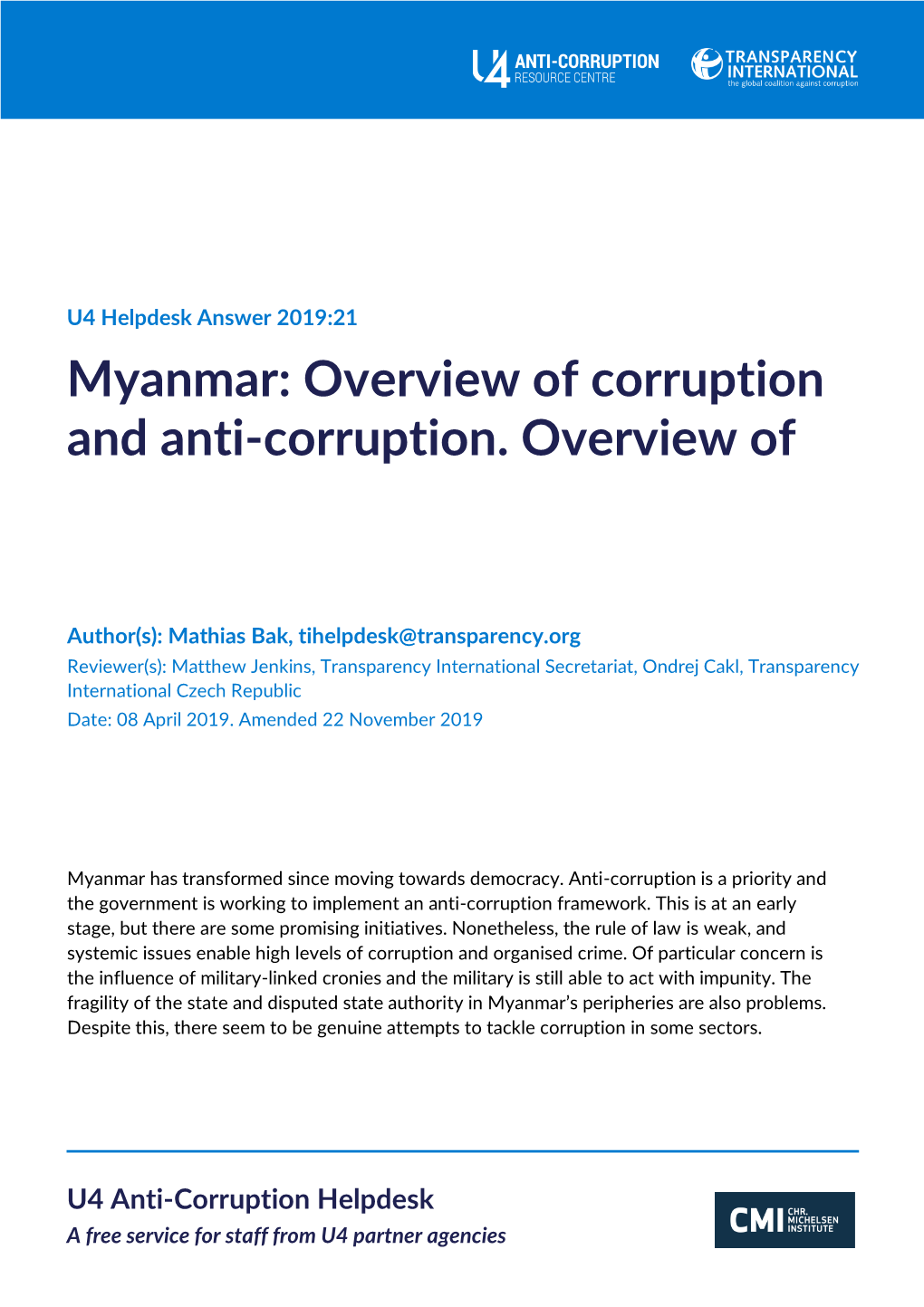 Myanmar: Overview of Corruption and Anti-Corruption