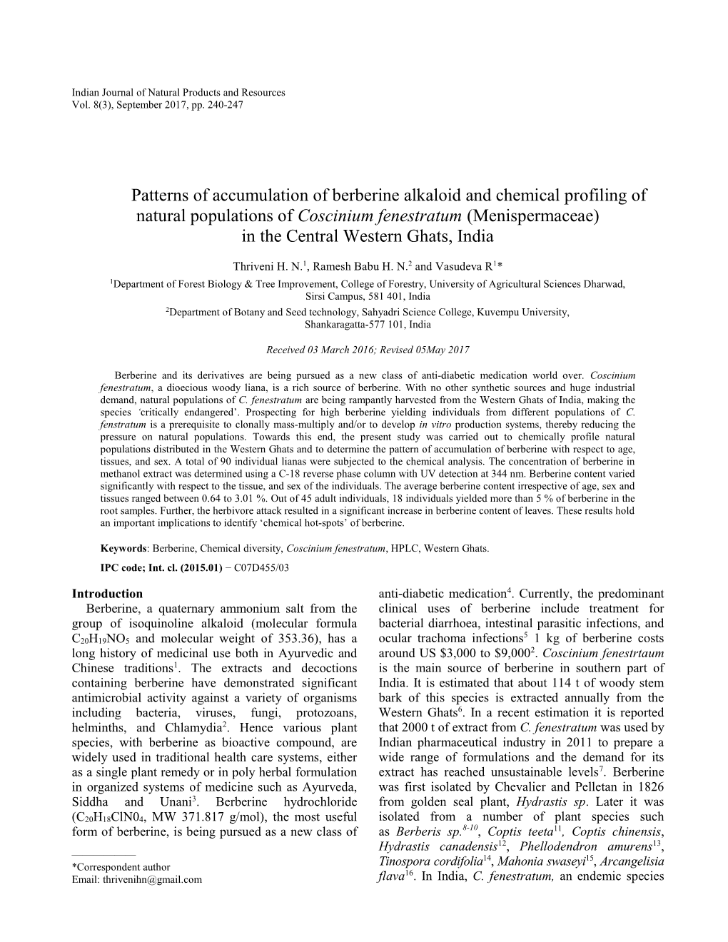 Patterns of Accumulation of Berberine Alkaloid and Chemical Profiling of Natural Populations of Coscinium Fenestratum