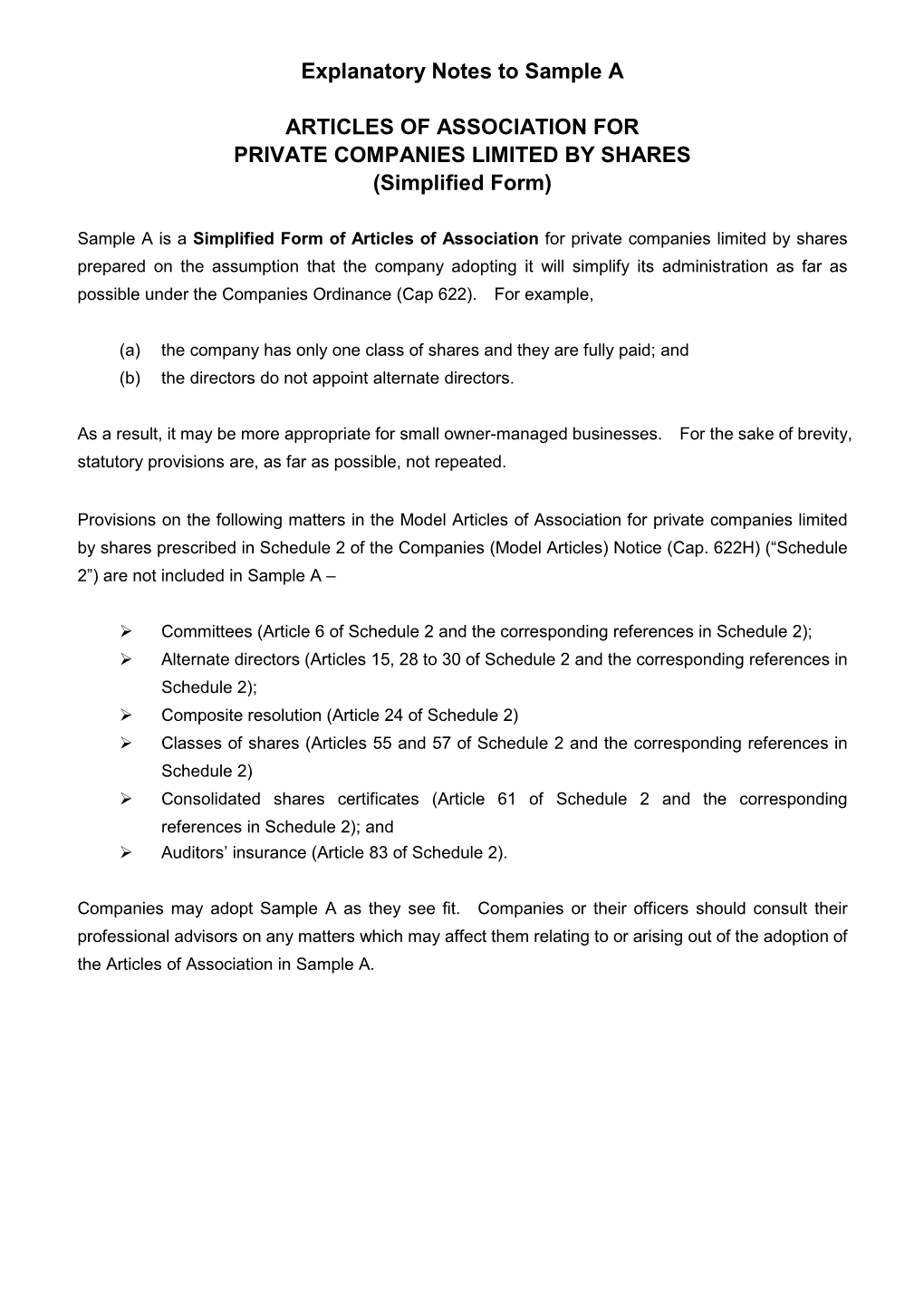 ARTICLES of ASSOCIATION for PRIVATE COMPANIES LIMITED by SHARES (Simplified Form)