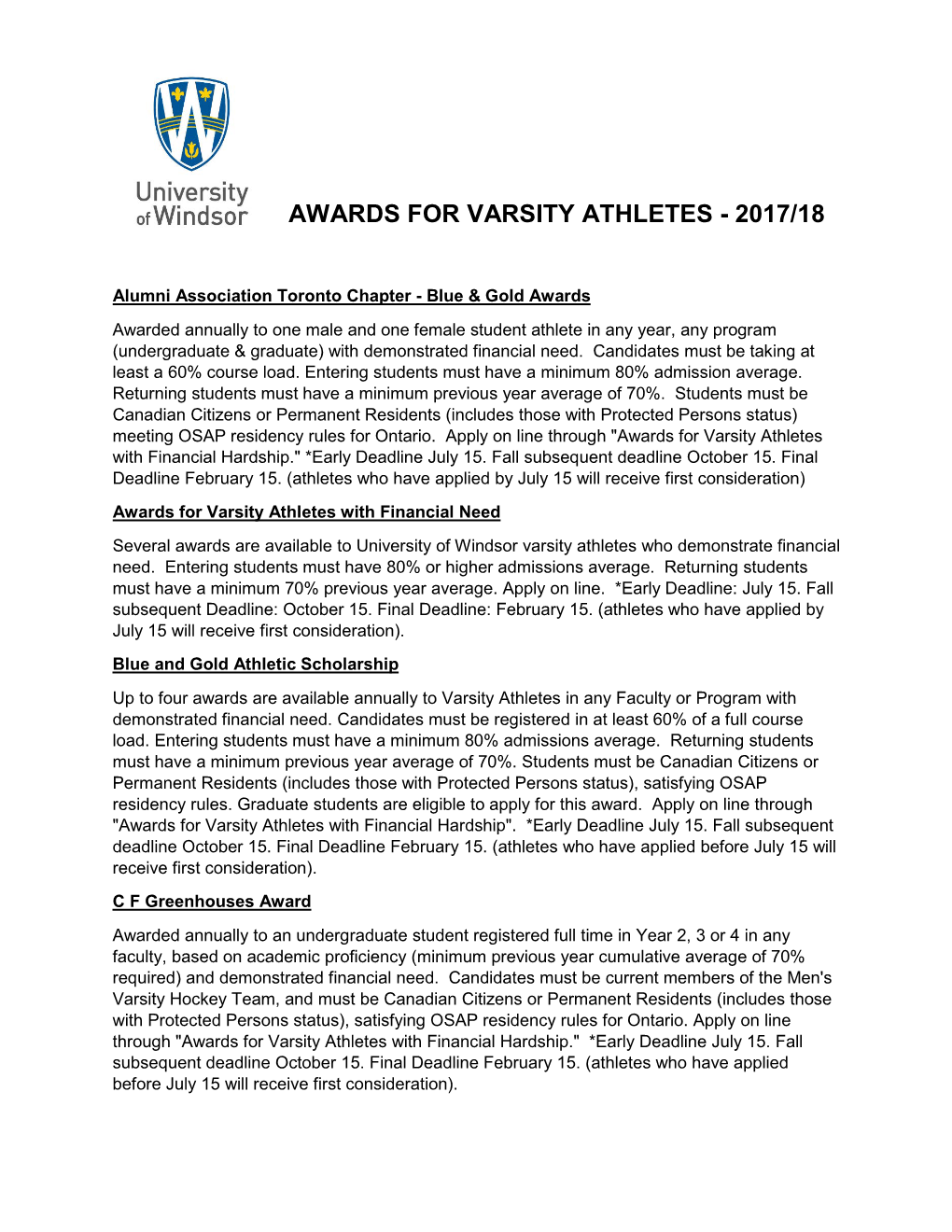 Awards for Varsity Athletes - 2017/18