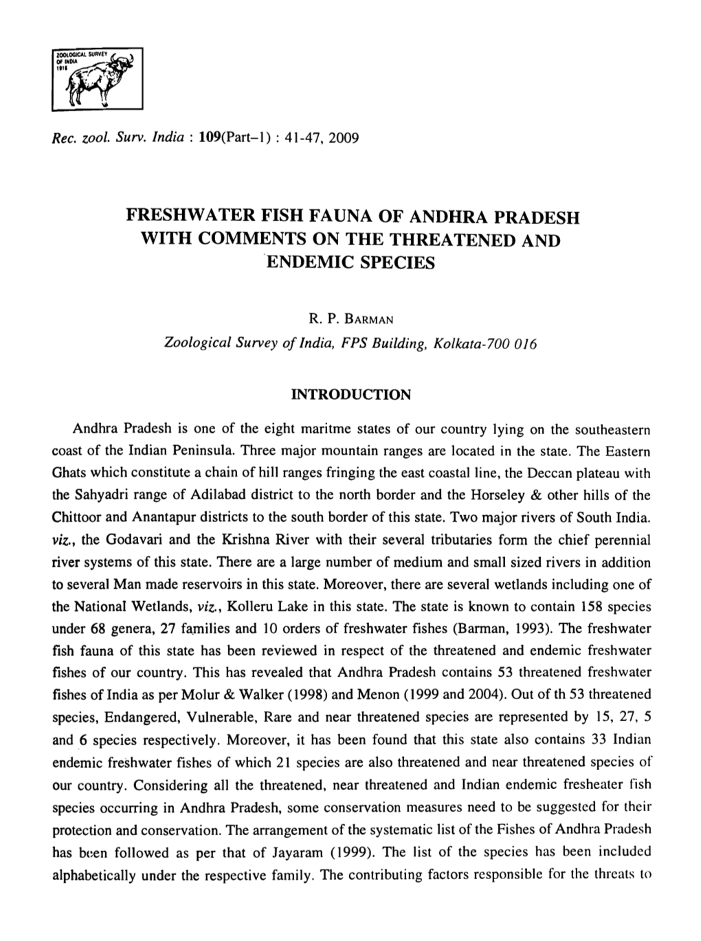 Freshwater Fish Fauna of Andhra Pradesh with Comments on the Threatened and Endemic Species