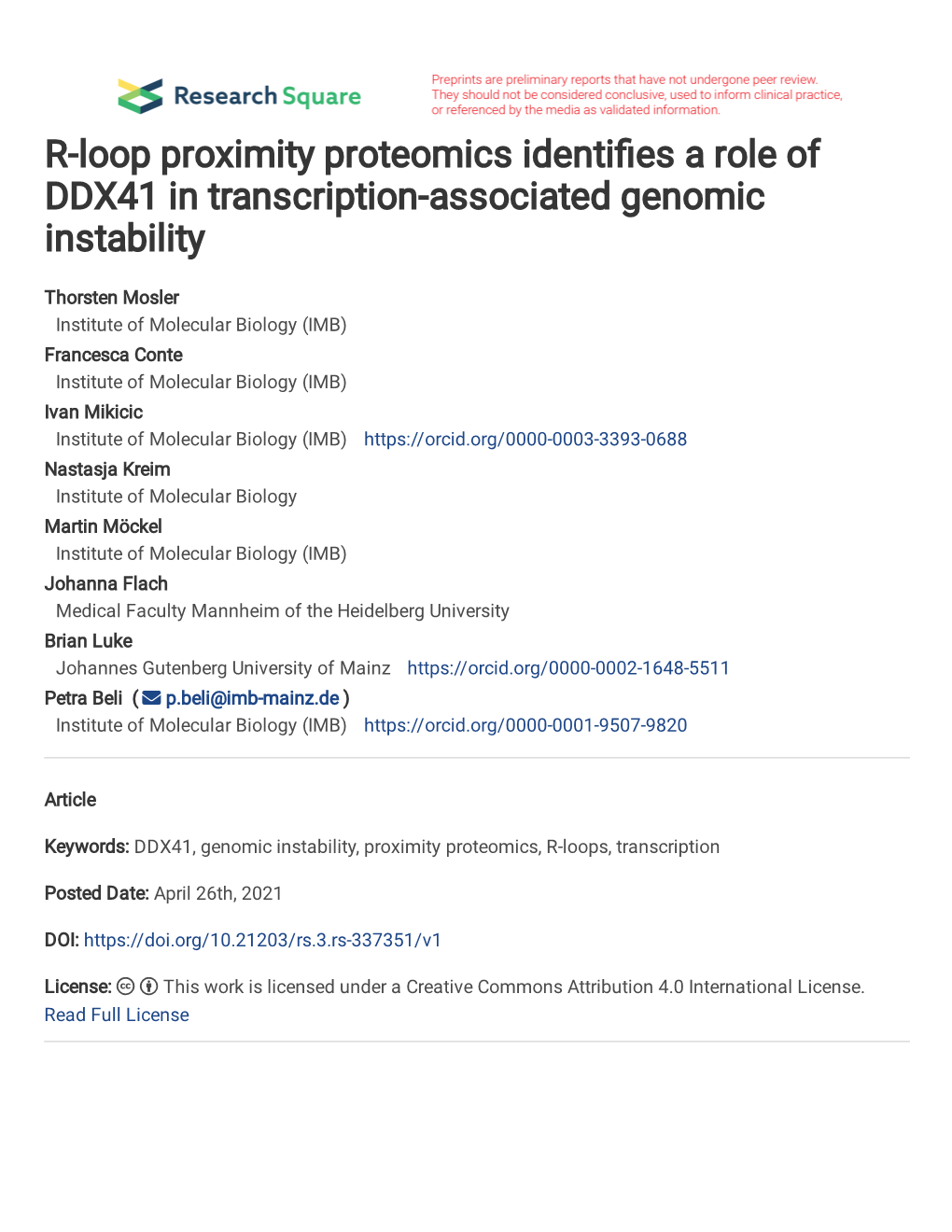 R-Loop Proximity Proteomics Identifies a Role of DDX41 in Transcription- 2 Associated Genomic Instability