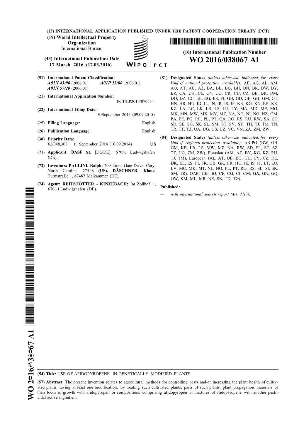 WO 2016/038067 Al 17 March 2016 (17.03.2016) P O P C T