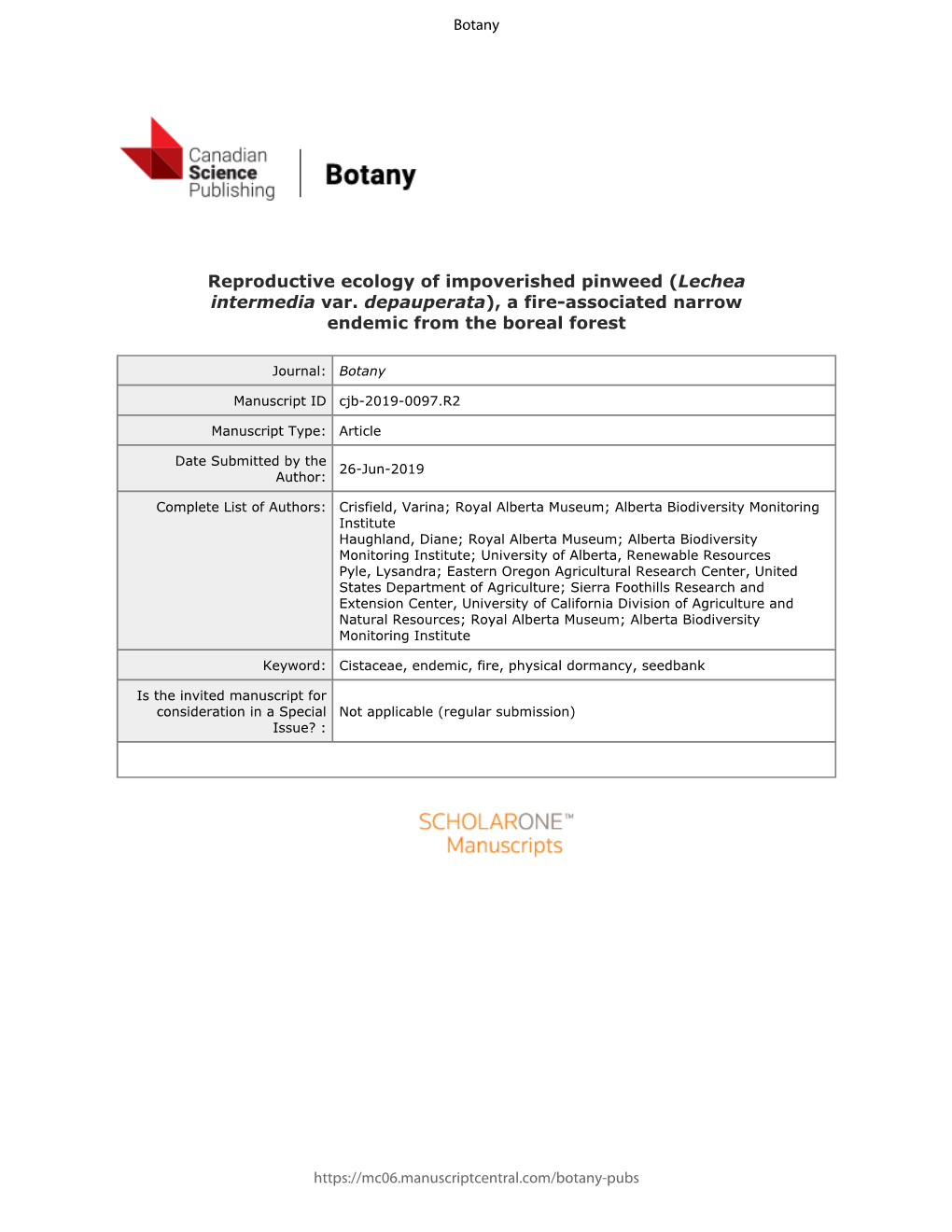 Reproductive Ecology of Impoverished Pinweed (Lechea Intermedia Var