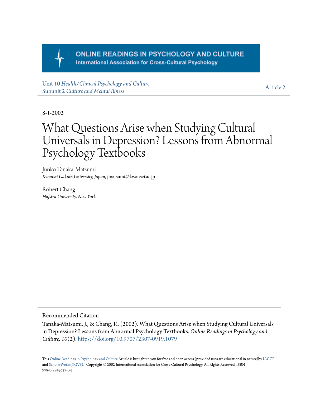 Lessons from Abnormal Psychology Textbooks Junko Tanaka-Matsumi Kwansei Gakuin University, Japan, Jmatsumi@Kwansei.Ac.Jp