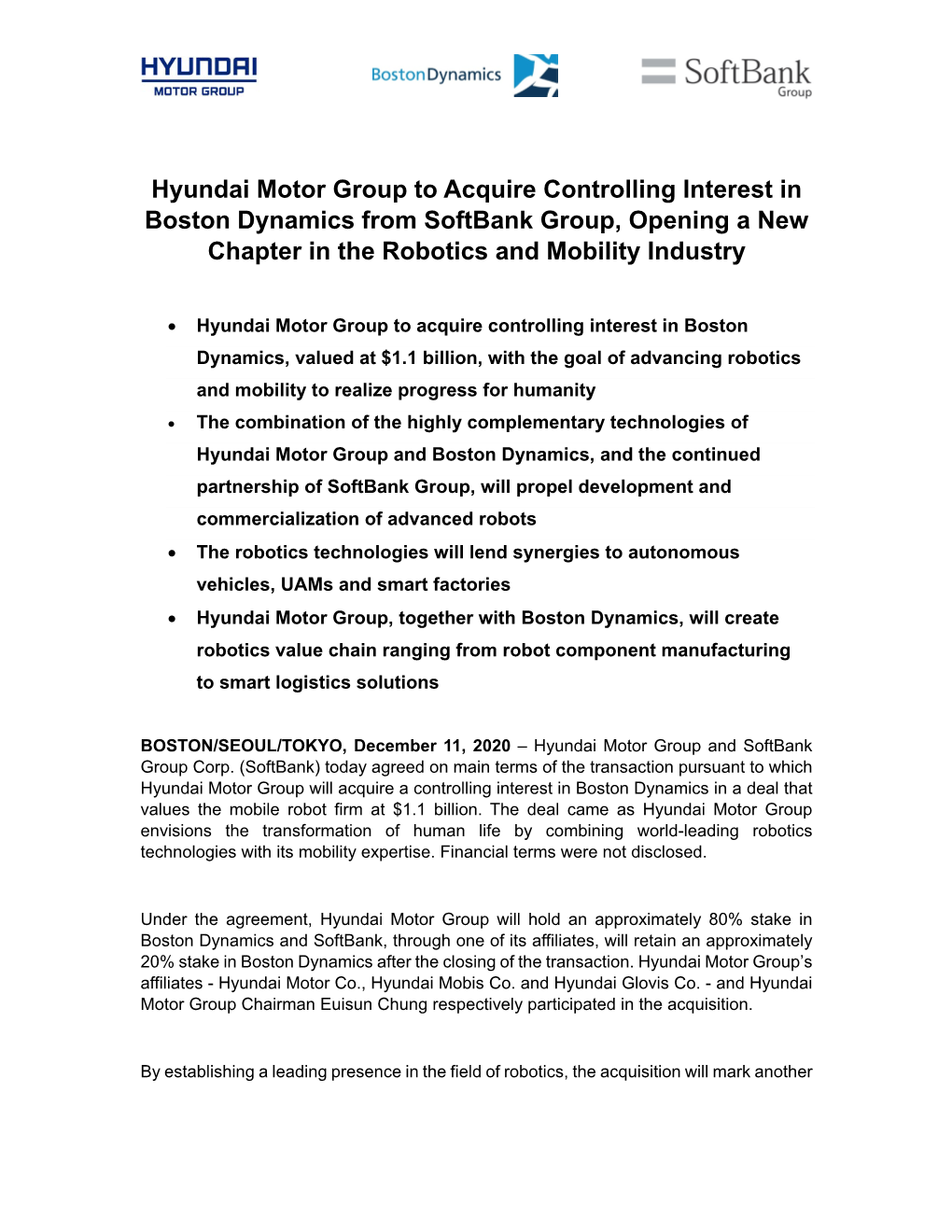 Hyundai Motor Group to Acquire Controlling Interest in Boston Dynamics from Softbank Group, Opening a New Chapter in the Robotics and Mobility Industry