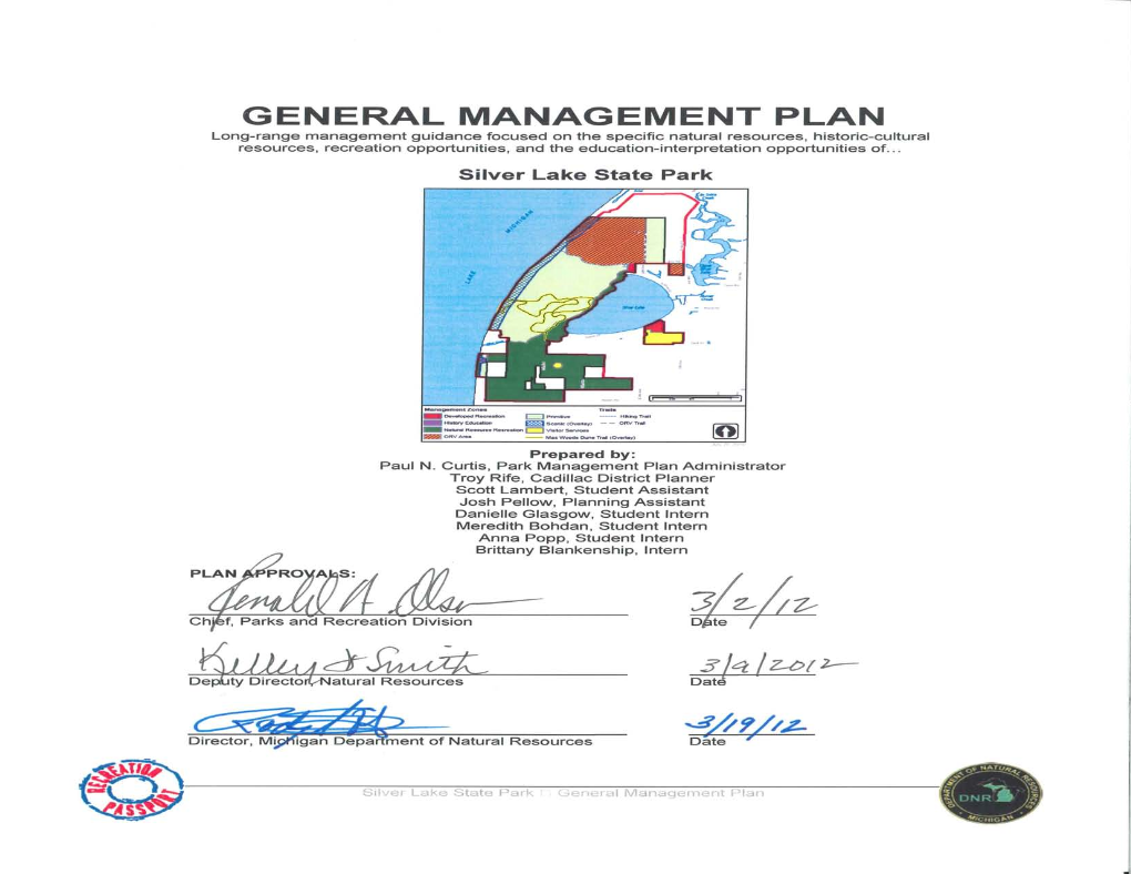 General Management Plan for Silver Lake State Park; And
