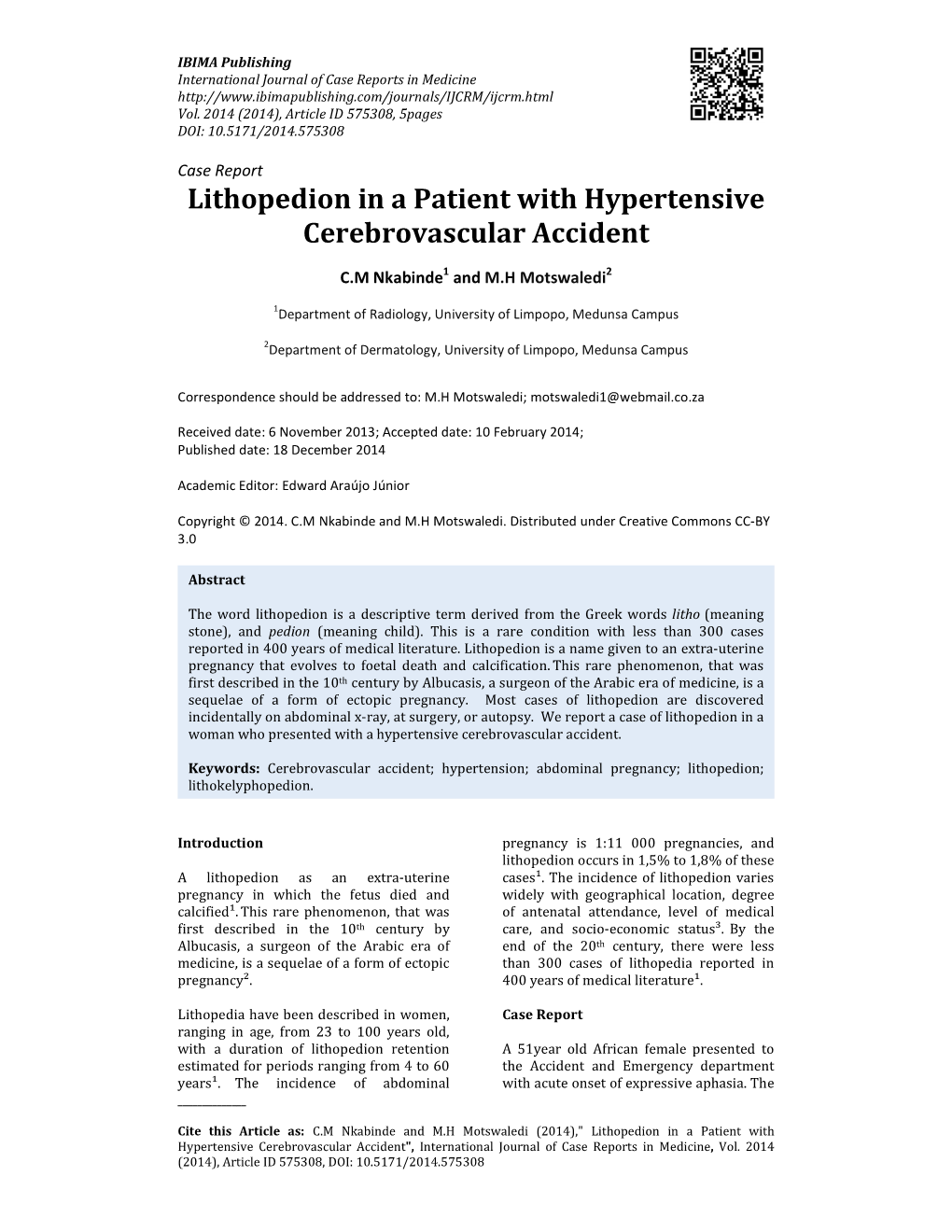Lithopedion in a Patient with Hypertensive Cerebrovascular Accident